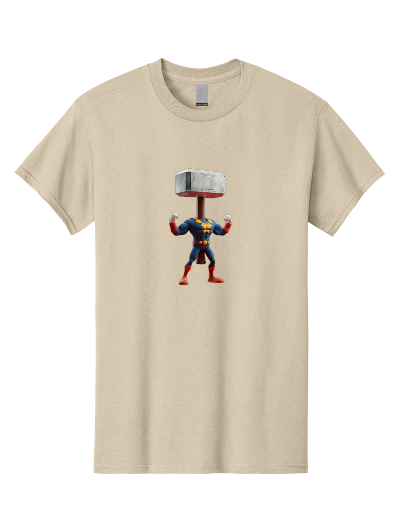 Mjolnir-Thor Men'S Graphic Tee, 100% Cotton, Comfortable Casual Summer Wear, Machine Washable, Thor Flexing Muscles, Superhero Pose, Blue And Red Costume, Yellow Belt And Emblem, Cartoon-Style, Strong And Powerful, Humorous Illustration, Bad328