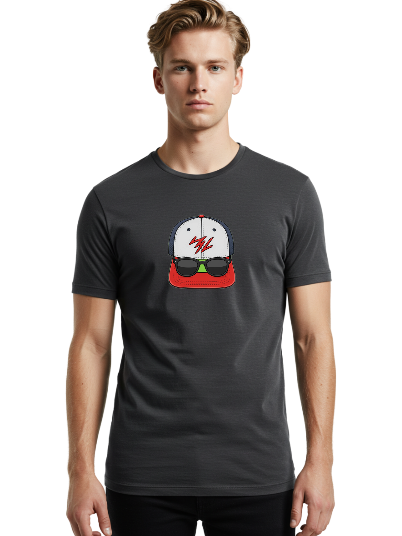 Mlb-Cap-Sunglasses Men'S Graphic Tee, 100% Cotton, Comfortable Casual Summer Wear, Machine Washable, Baseball Cap, Sunglasses, Red And White, Mlb Logo, Stylized Graphic, Sports Apparel, Fashion Accessory, Trendy Illustration, Logo Design, Bad329