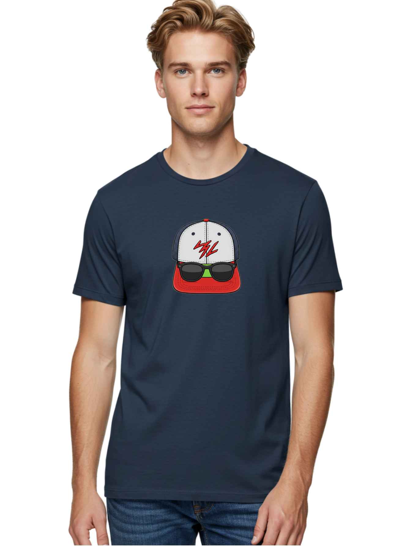 Mlb-Cap-Sunglasses Men'S Graphic Tee, 100% Cotton, Comfortable Casual Summer Wear, Machine Washable, Baseball Cap, Sunglasses, Red And White, Mlb Logo, Stylized Graphic, Sports Apparel, Fashion Accessory, Trendy Illustration, Logo Design, Bad329