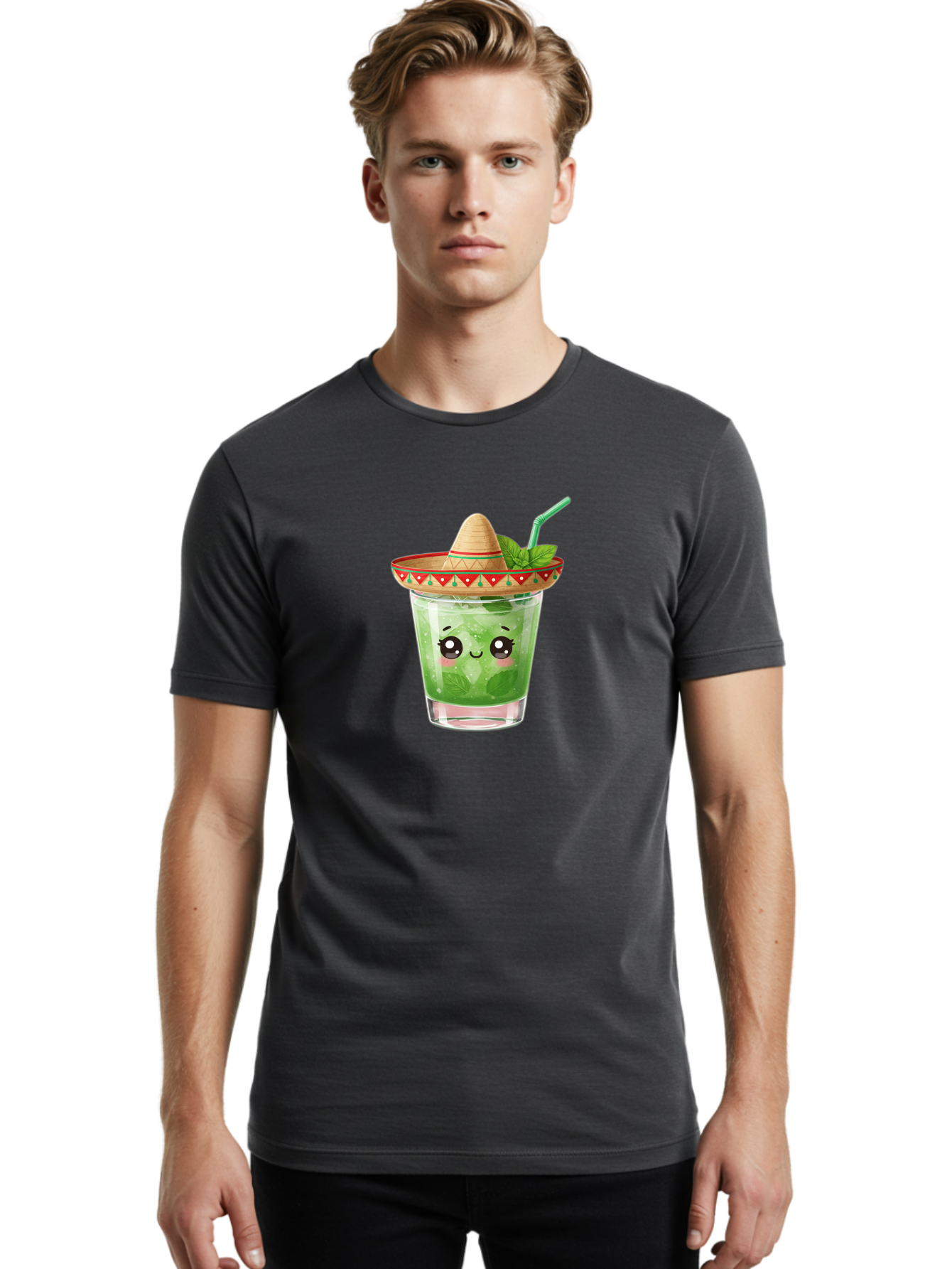 Mojito-With-Sombrero Men'S Graphic Tee, 100% Cotton, Comfortable Casual Summer Wear, Machine Washable, Mojito Cocktail, Refreshing Drink, Mint Leaves, Cute Face, Straw, Sombrero Hat, Festive Vibe, Cartoon Style, Fun Illustration, Summer Drink Bad332