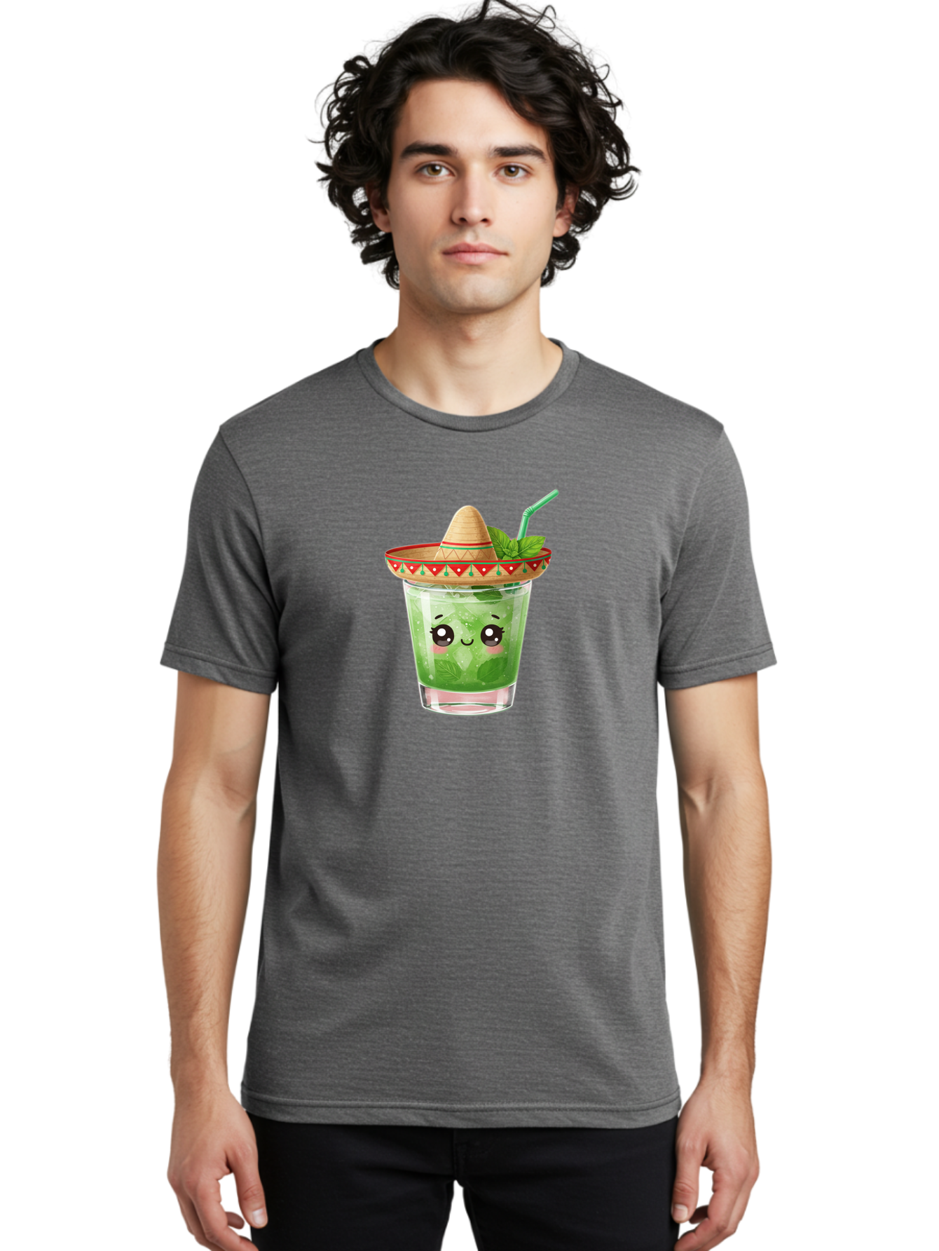 Mojito-With-Sombrero Men'S Graphic Tee, 100% Cotton, Comfortable Casual Summer Wear, Machine Washable, Mojito Cocktail, Refreshing Drink, Mint Leaves, Cute Face, Straw, Sombrero Hat, Festive Vibe, Cartoon Style, Fun Illustration, Summer Drink Bad332