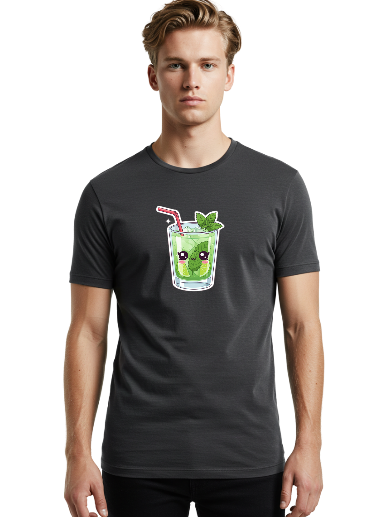 Mojito Men'S Graphic Tee, 100% Cotton, Comfortable Casual Summer Wear, Machine Washable, Mojito Cocktail, Refreshing Drink, Lime Wedges, Mint Leaves, Cartoon Style, Cute Characters, Summer Vibes, Pink Straw, Fun Illustration, Kawaii Design, Bad333