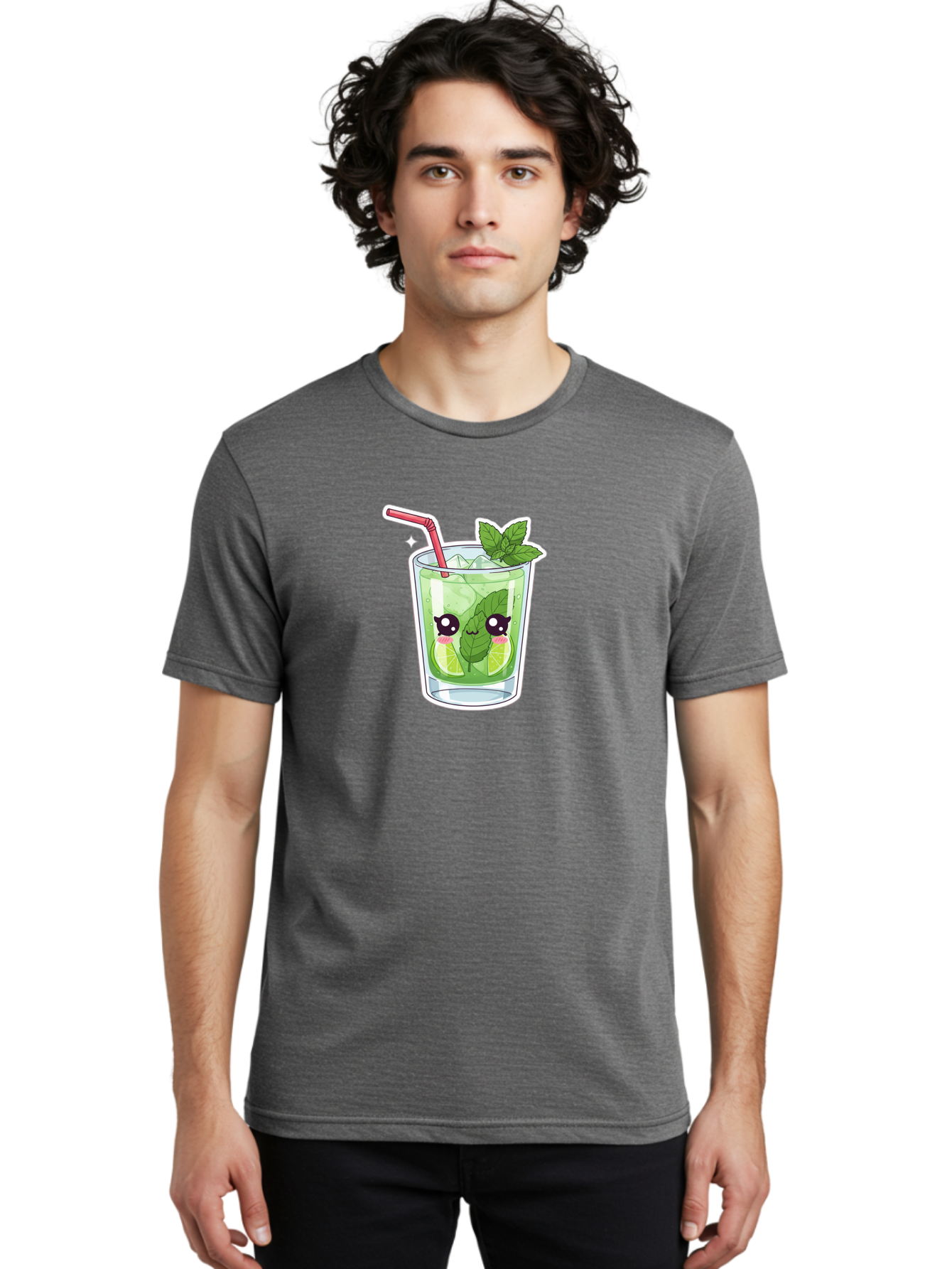 Mojito Men'S Graphic Tee, 100% Cotton, Comfortable Casual Summer Wear, Machine Washable, Mojito Cocktail, Refreshing Drink, Lime Wedges, Mint Leaves, Cartoon Style, Cute Characters, Summer Vibes, Pink Straw, Fun Illustration, Kawaii Design, Bad333