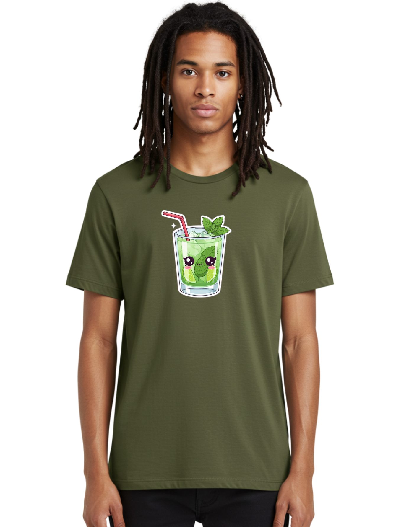 Mojito Men'S Graphic Tee, 100% Cotton, Comfortable Casual Summer Wear, Machine Washable, Mojito Cocktail, Refreshing Drink, Lime Wedges, Mint Leaves, Cartoon Style, Cute Characters, Summer Vibes, Pink Straw, Fun Illustration, Kawaii Design, Bad333