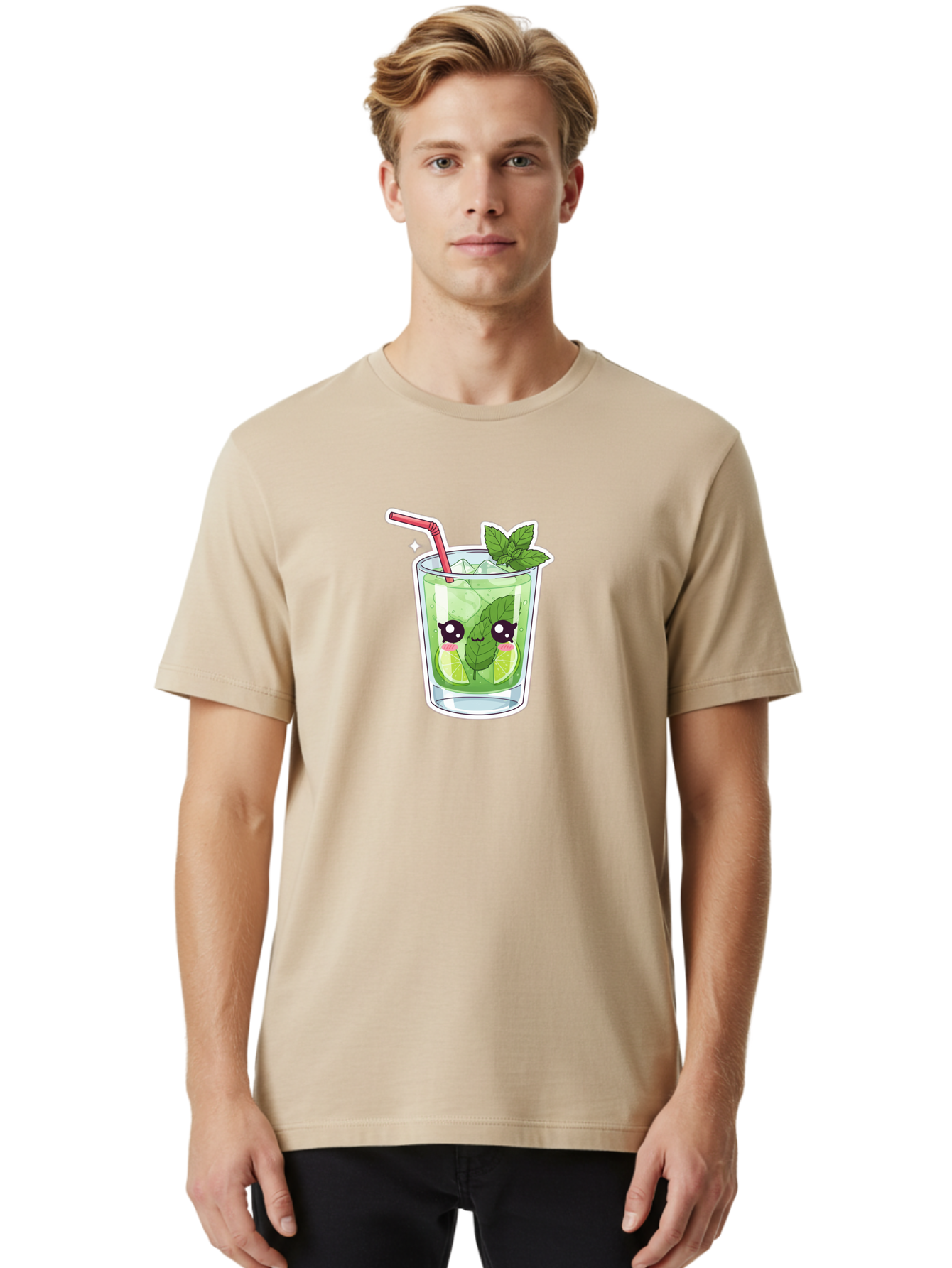 Mojito Men'S Graphic Tee, 100% Cotton, Comfortable Casual Summer Wear, Machine Washable, Mojito Cocktail, Refreshing Drink, Lime Wedges, Mint Leaves, Cartoon Style, Cute Characters, Summer Vibes, Pink Straw, Fun Illustration, Kawaii Design, Bad333