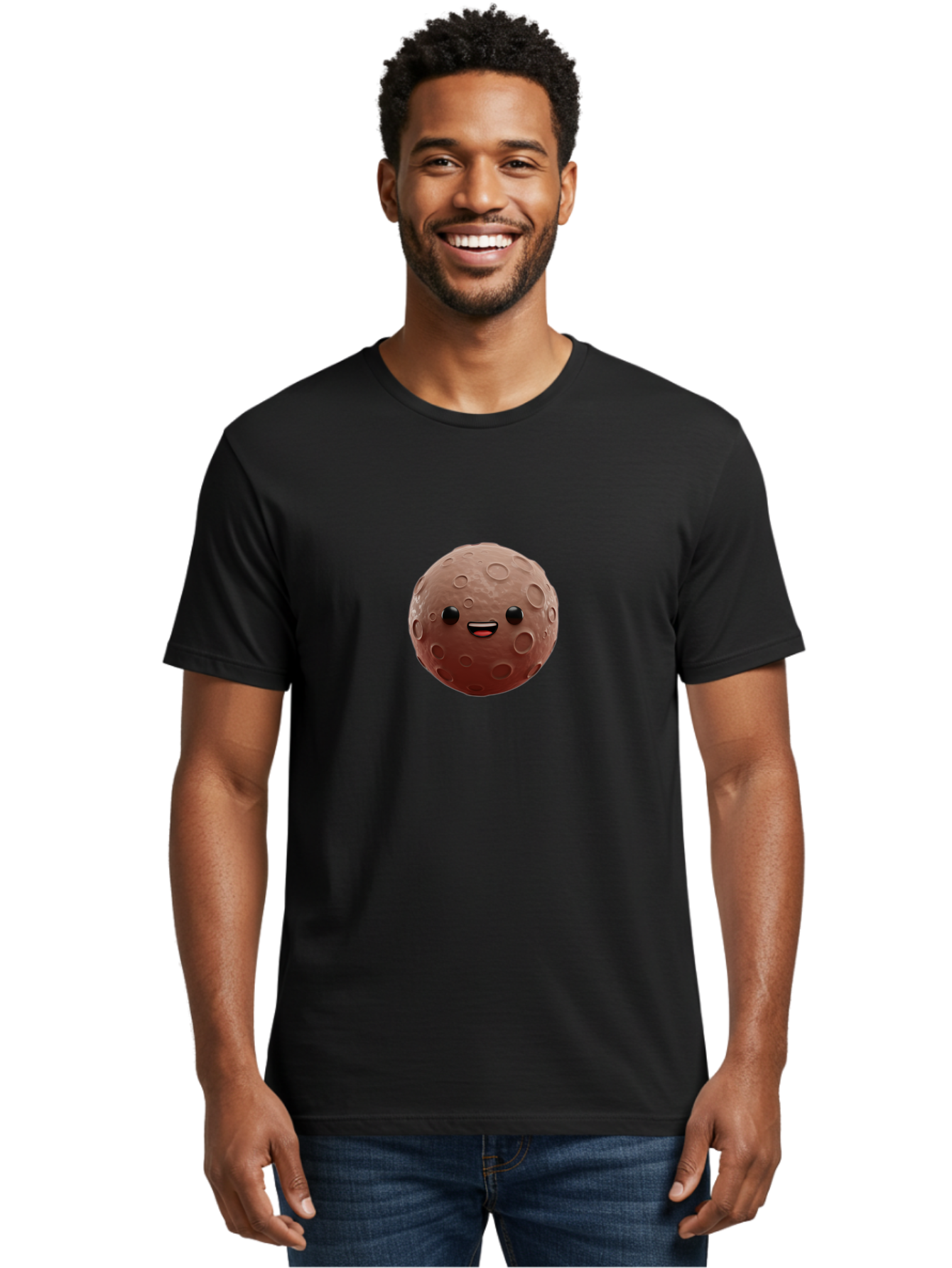 Moon-Character Men'S Graphic Tee, 100% Cotton, Comfortable Casual Summer Wear, Machine Washable, Cartoon Moon, Smiling Face, Lunar Surface, Craters, Adorable Character, Digital Illustration, 3D Rendering, Kawaii Art, Moon Emoji, Emoticon, Bad335
