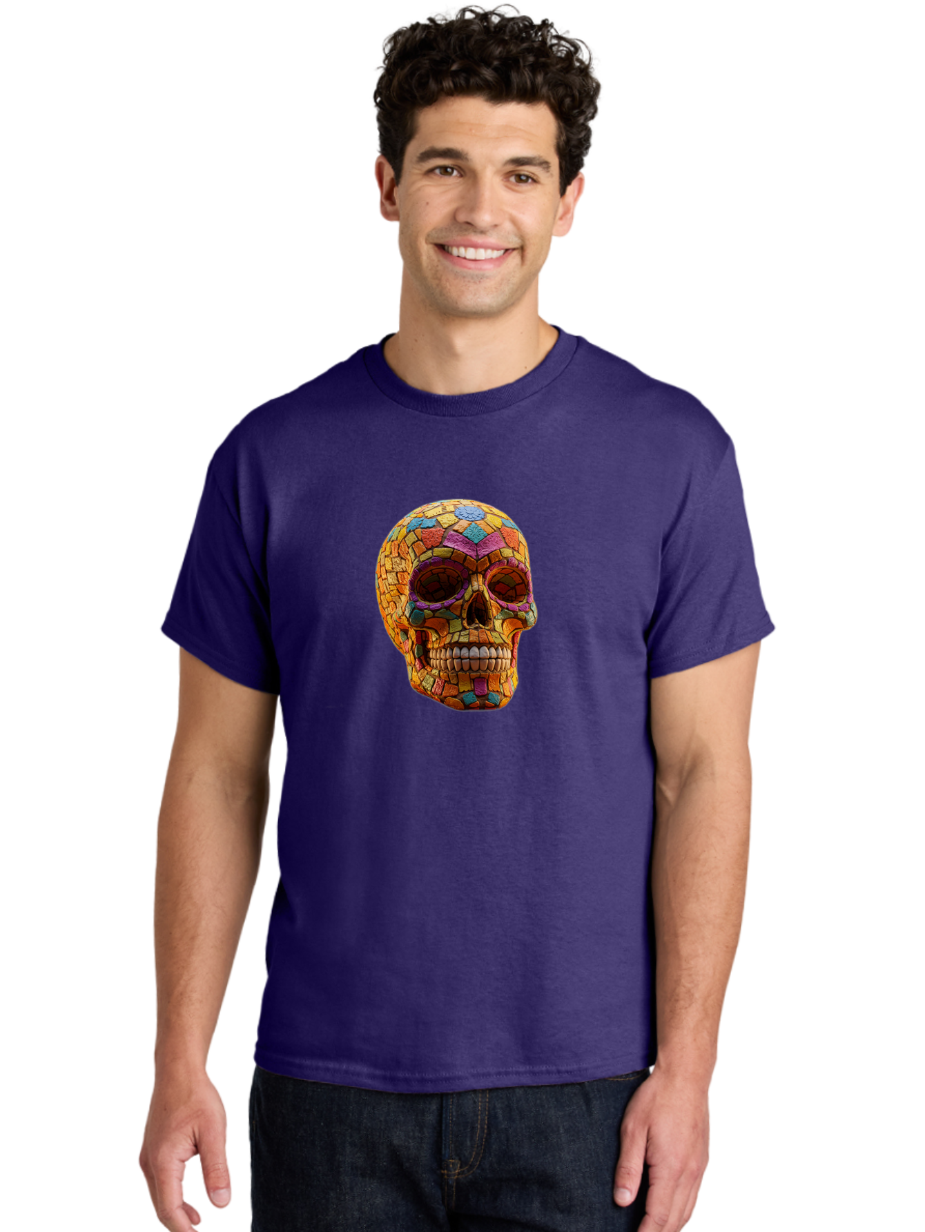 Mosaic-Sugar-Skull Men'S Graphic Tee, 100% Cotton, Comfortable Casual Summer Wear, Machine Washable, Sugar Skull, Mosaic Art, Colorful Tiles, Vibrant Colors, Festive Decoration, Day Of The Dead, Cultural Heritage, Folk Art, Skull Decoration Bad339