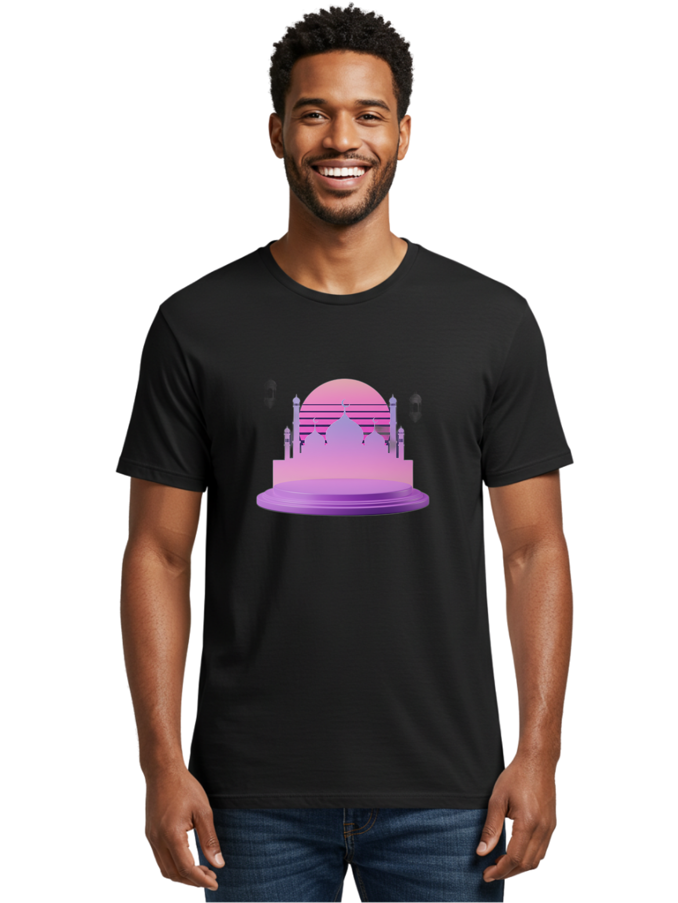 Mosque-Silhouette-1 Men'S Graphic Tee, 100% Cotton, Comfortable Casual Summer Wear, Machine Washable, Mosque Silhouette, Islamic Architecture, Cultural Heritage, Serene Atmosphere, Minimalist Design, Vibrant Colors, Peaceful Ambiance, Bad341