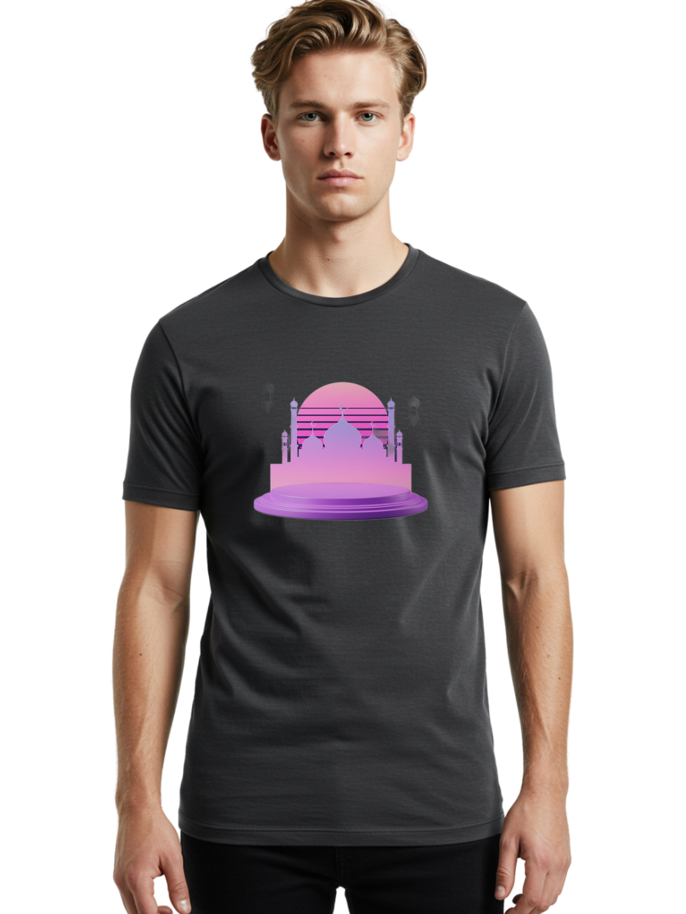 Mosque-Silhouette-1 Men'S Graphic Tee, 100% Cotton, Comfortable Casual Summer Wear, Machine Washable, Mosque Silhouette, Islamic Architecture, Cultural Heritage, Serene Atmosphere, Minimalist Design, Vibrant Colors, Peaceful Ambiance, Bad341