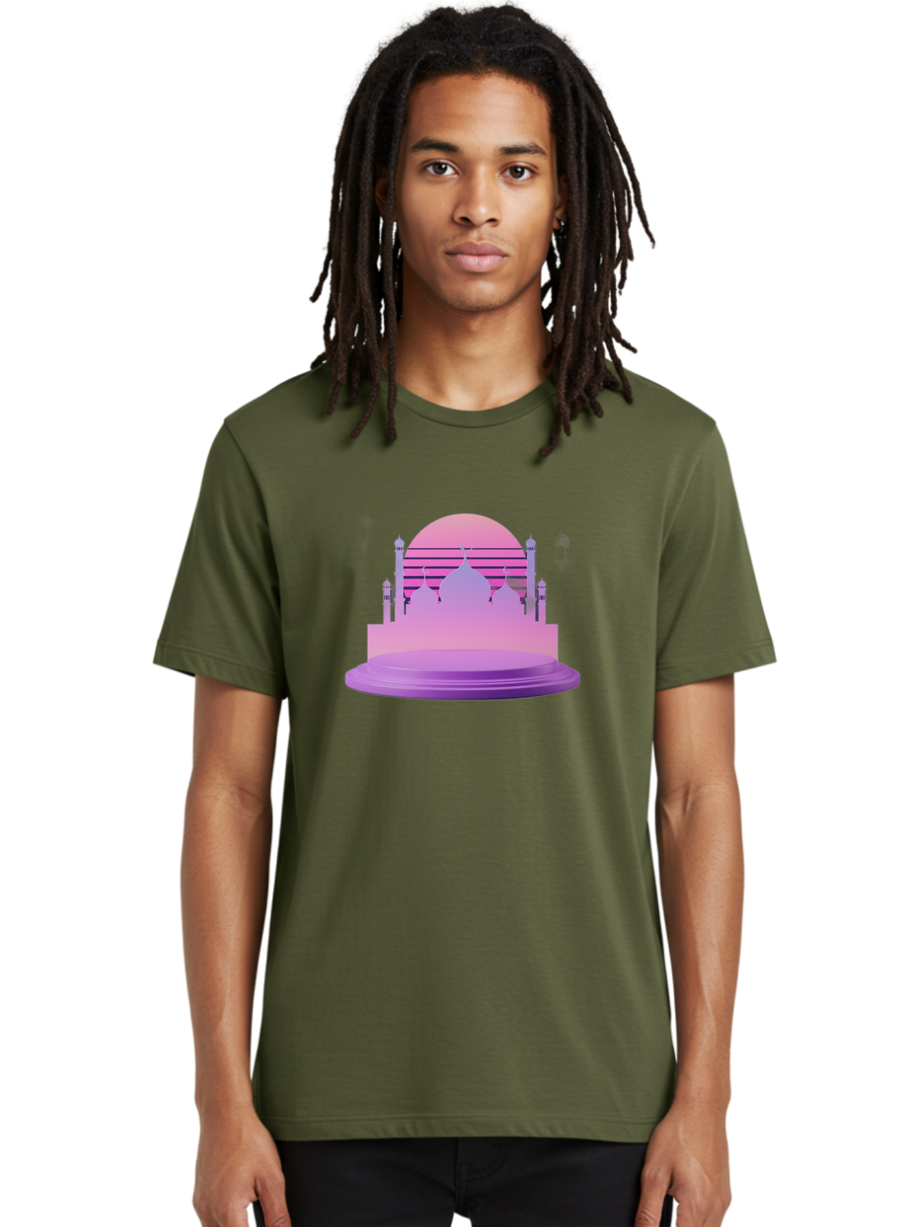 Mosque-Silhouette-1 Men'S Graphic Tee, 100% Cotton, Comfortable Casual Summer Wear, Machine Washable, Mosque Silhouette, Islamic Architecture, Cultural Heritage, Serene Atmosphere, Minimalist Design, Vibrant Colors, Peaceful Ambiance, Bad341