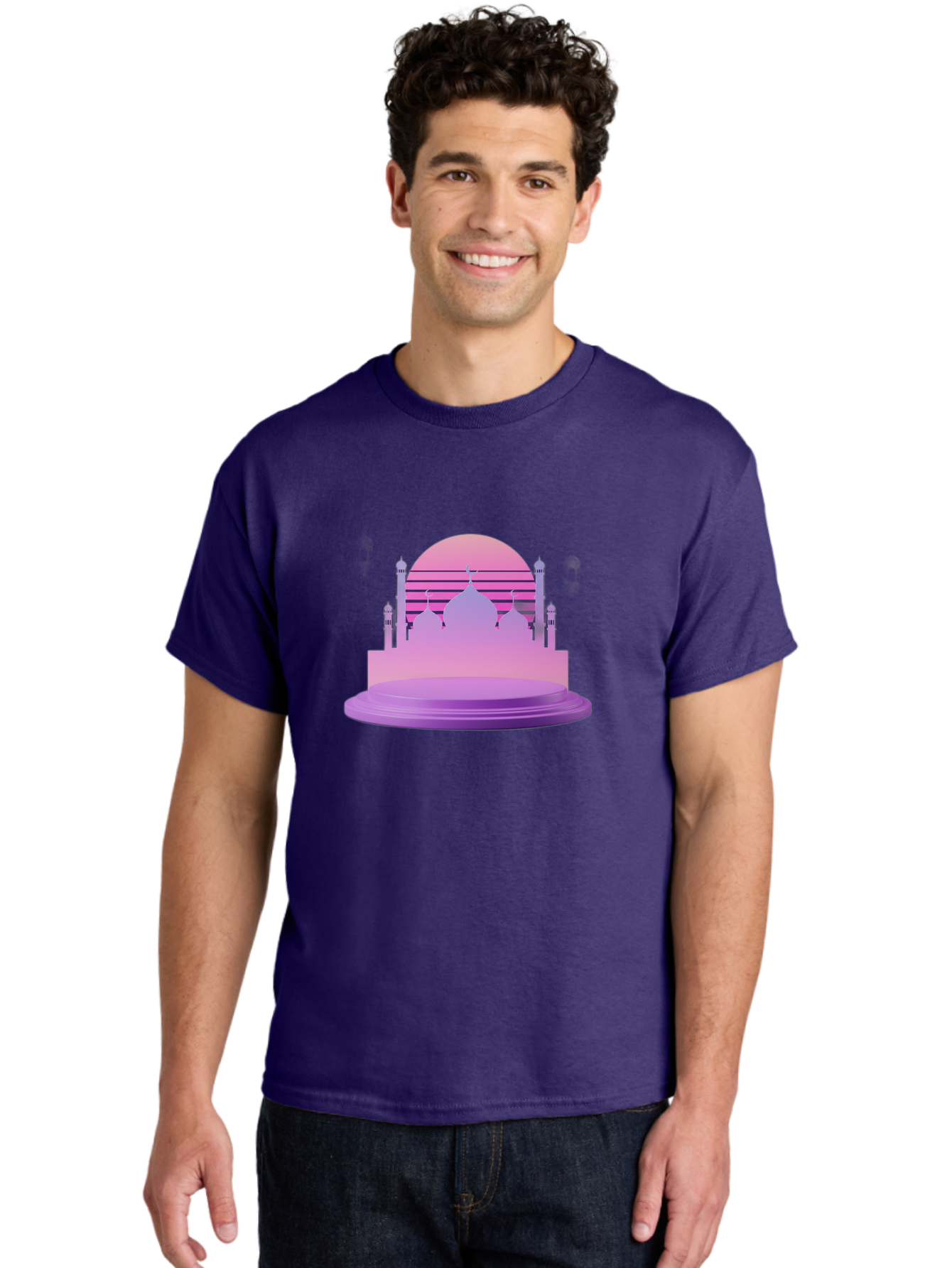 Mosque-Silhouette-1 Men'S Graphic Tee, 100% Cotton, Comfortable Casual Summer Wear, Machine Washable, Mosque Silhouette, Islamic Architecture, Cultural Heritage, Serene Atmosphere, Minimalist Design, Vibrant Colors, Peaceful Ambiance, Bad341