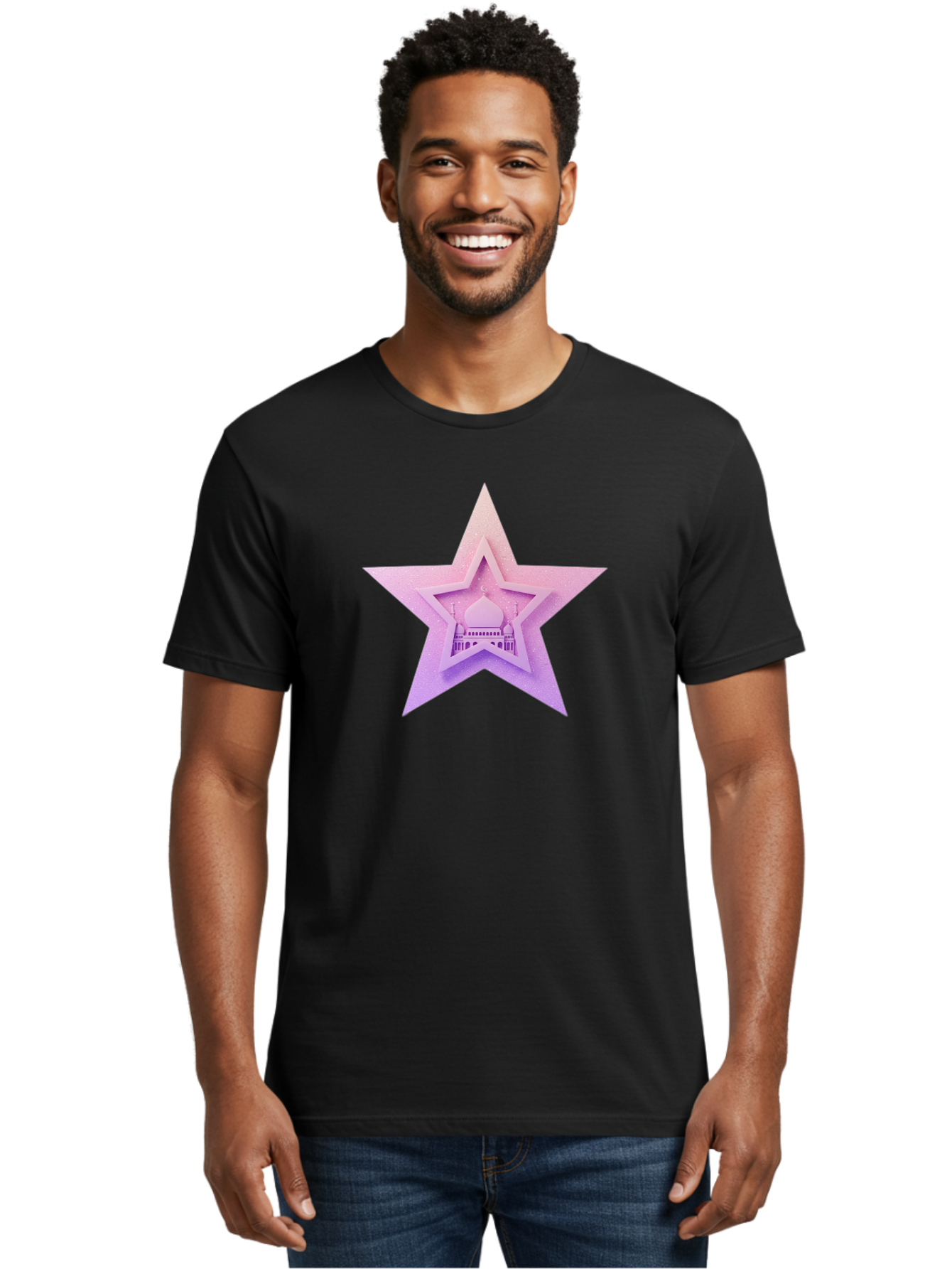 Mosque-Star Men'S Graphic Tee, 100% Cotton, Comfortable Casual Summer Wear, Machine Washable, Taj Mahal, Islamic Architecture, Pastel Colors, Star Shape, Religious Symbols, Cultural Heritage, Indian Monument, Sacred Building Bad343