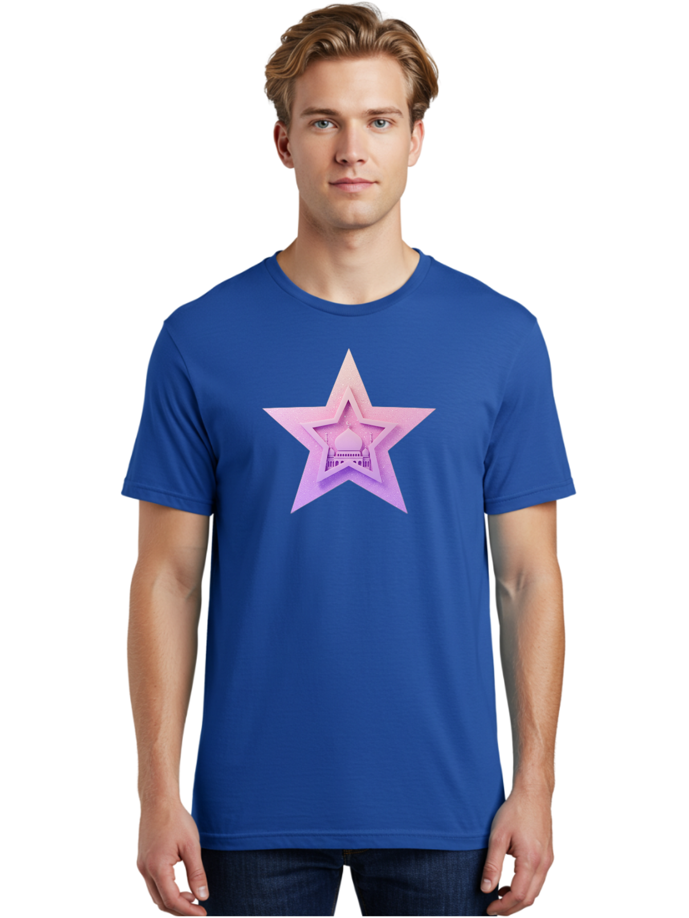Mosque-Star Men'S Graphic Tee, 100% Cotton, Comfortable Casual Summer Wear, Machine Washable, Taj Mahal, Islamic Architecture, Pastel Colors, Star Shape, Religious Symbols, Cultural Heritage, Indian Monument, Sacred Building Bad343