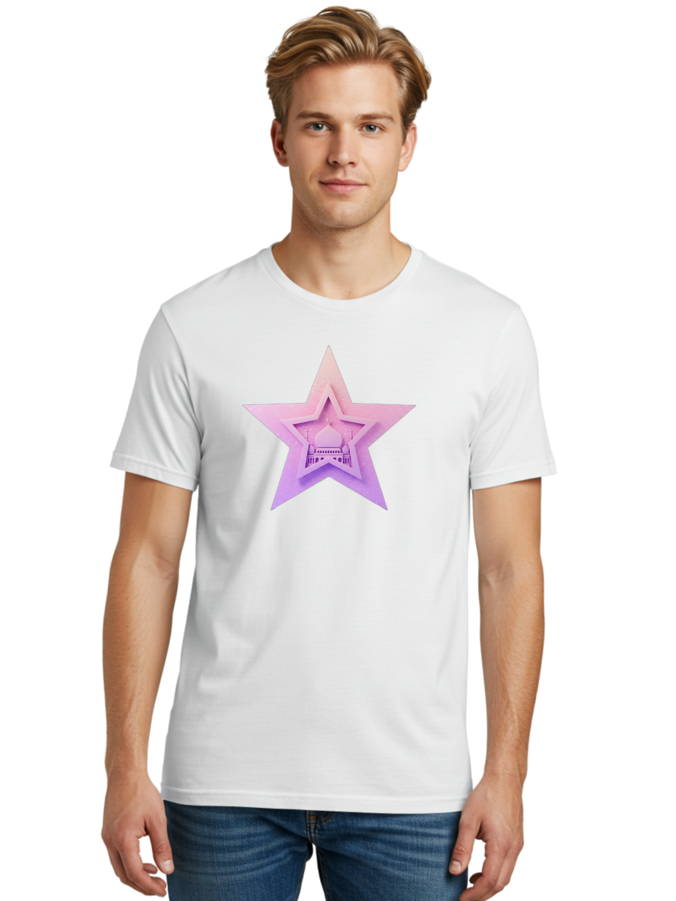 Mosque-Star Men'S Graphic Tee, 100% Cotton, Comfortable Casual Summer Wear, Machine Washable, Taj Mahal, Islamic Architecture, Pastel Colors, Star Shape, Religious Symbols, Cultural Heritage, Indian Monument, Sacred Building Bad343