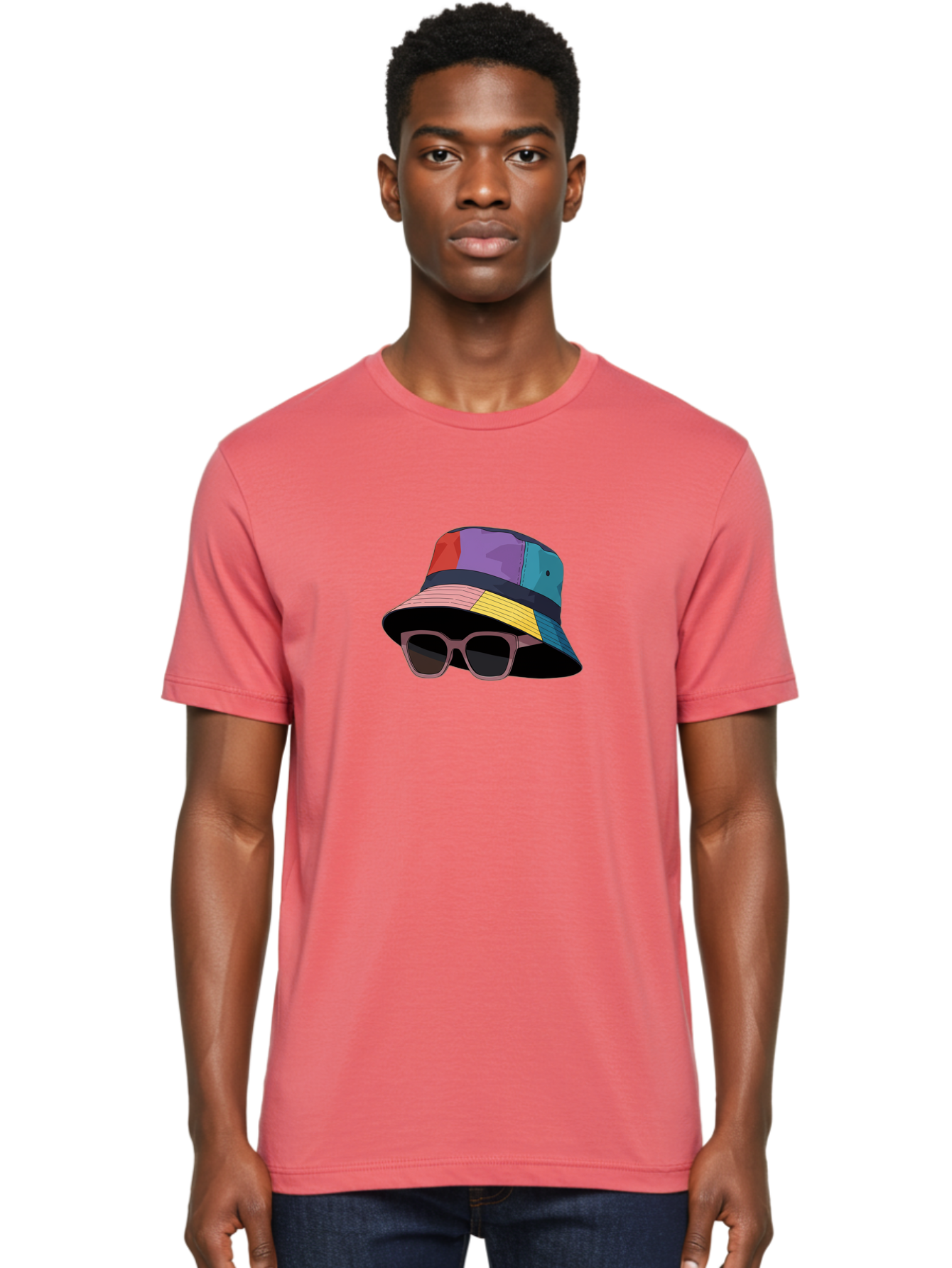Multicolored-Bucket-Hat Men'S Graphic Tee, 100% Cotton, Comfortable Casual Summer Wear, Machine Washable, Patchwork Bucket Hat, Colorful Hat, Sunglasses Accessory, Fashion Statement, Streetwear Style, Vibrant Colors, Trendy Accessory, Bad344