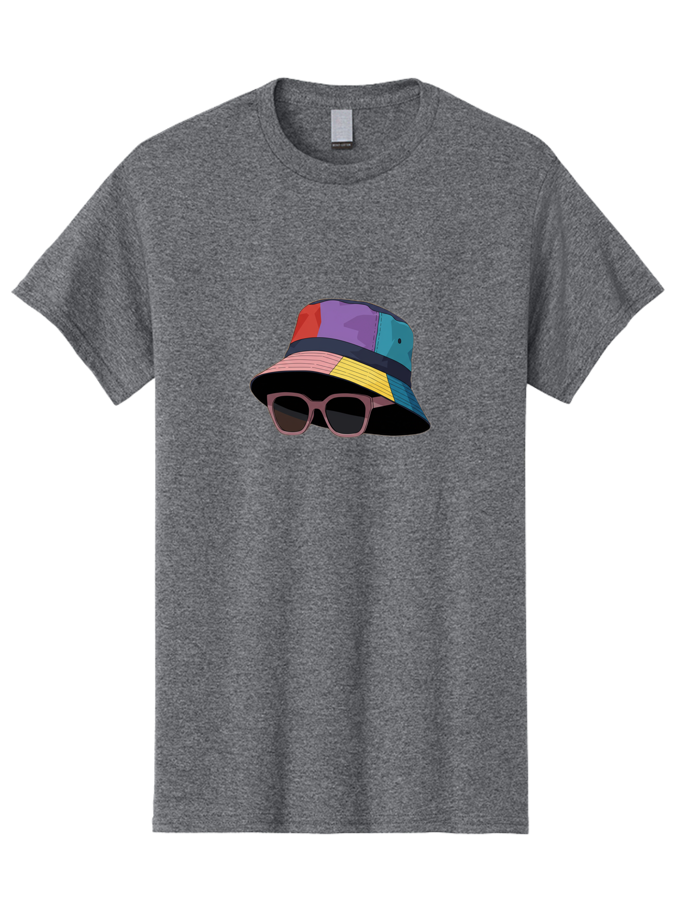 Multicolored-Bucket-Hat Men'S Graphic Tee, 100% Cotton, Comfortable Casual Summer Wear, Machine Washable, Patchwork Bucket Hat, Colorful Hat, Sunglasses Accessory, Fashion Statement, Streetwear Style, Vibrant Colors, Trendy Accessory, Bad344
