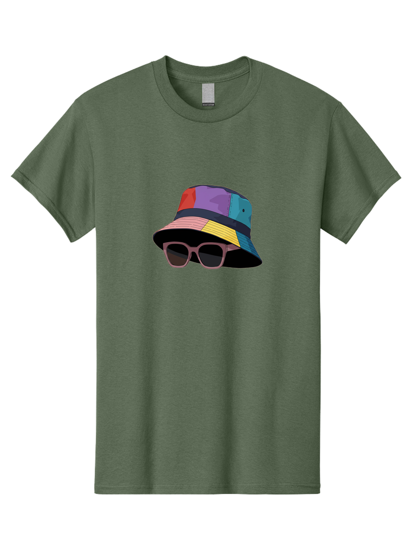 Multicolored-Bucket-Hat Men'S Graphic Tee, 100% Cotton, Comfortable Casual Summer Wear, Machine Washable, Patchwork Bucket Hat, Colorful Hat, Sunglasses Accessory, Fashion Statement, Streetwear Style, Vibrant Colors, Trendy Accessory, Bad344