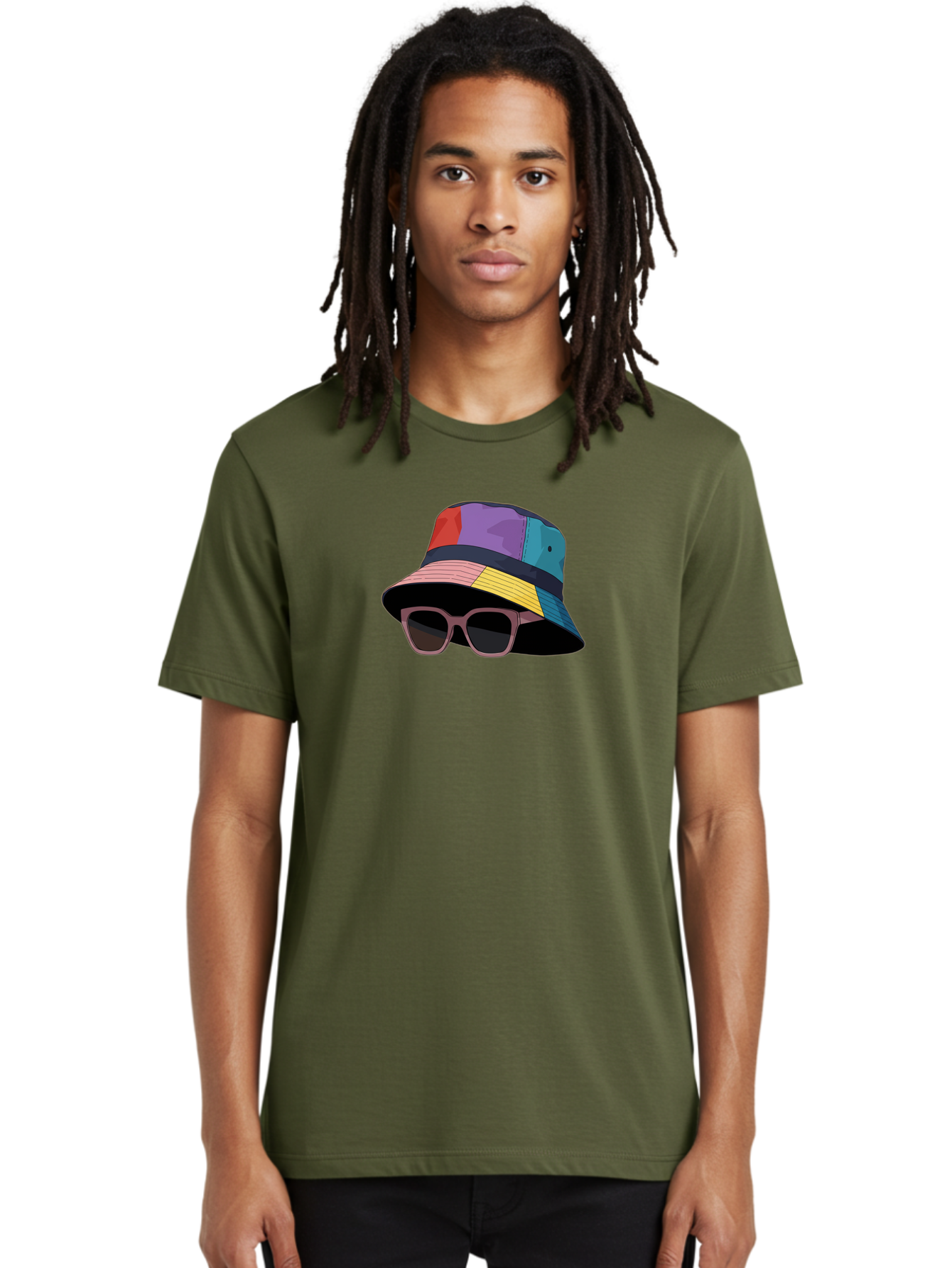 Multicolored-Bucket-Hat Men'S Graphic Tee, 100% Cotton, Comfortable Casual Summer Wear, Machine Washable, Patchwork Bucket Hat, Colorful Hat, Sunglasses Accessory, Fashion Statement, Streetwear Style, Vibrant Colors, Trendy Accessory, Bad344
