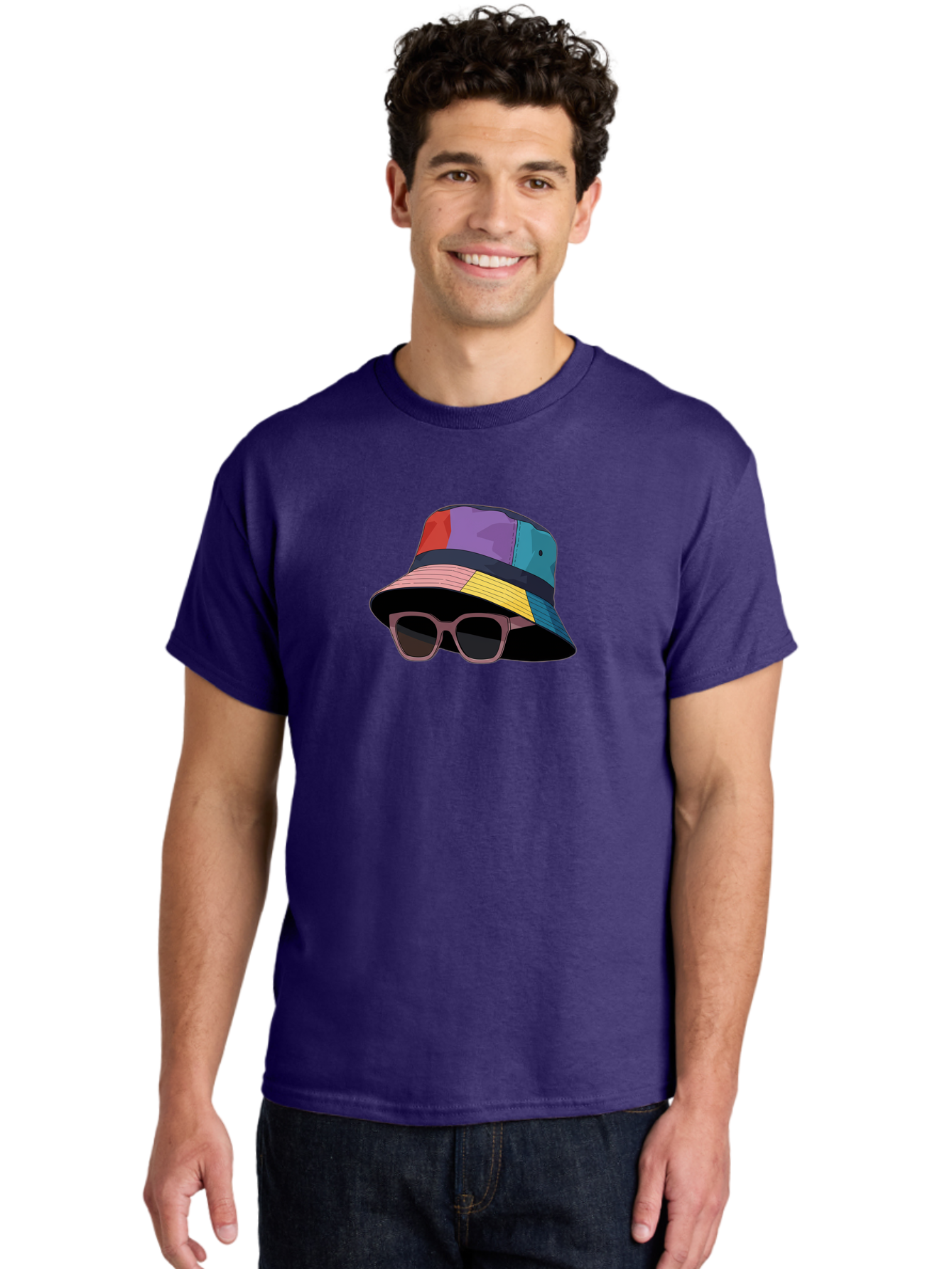 Multicolored-Bucket-Hat Men'S Graphic Tee, 100% Cotton, Comfortable Casual Summer Wear, Machine Washable, Patchwork Bucket Hat, Colorful Hat, Sunglasses Accessory, Fashion Statement, Streetwear Style, Vibrant Colors, Trendy Accessory, Bad344