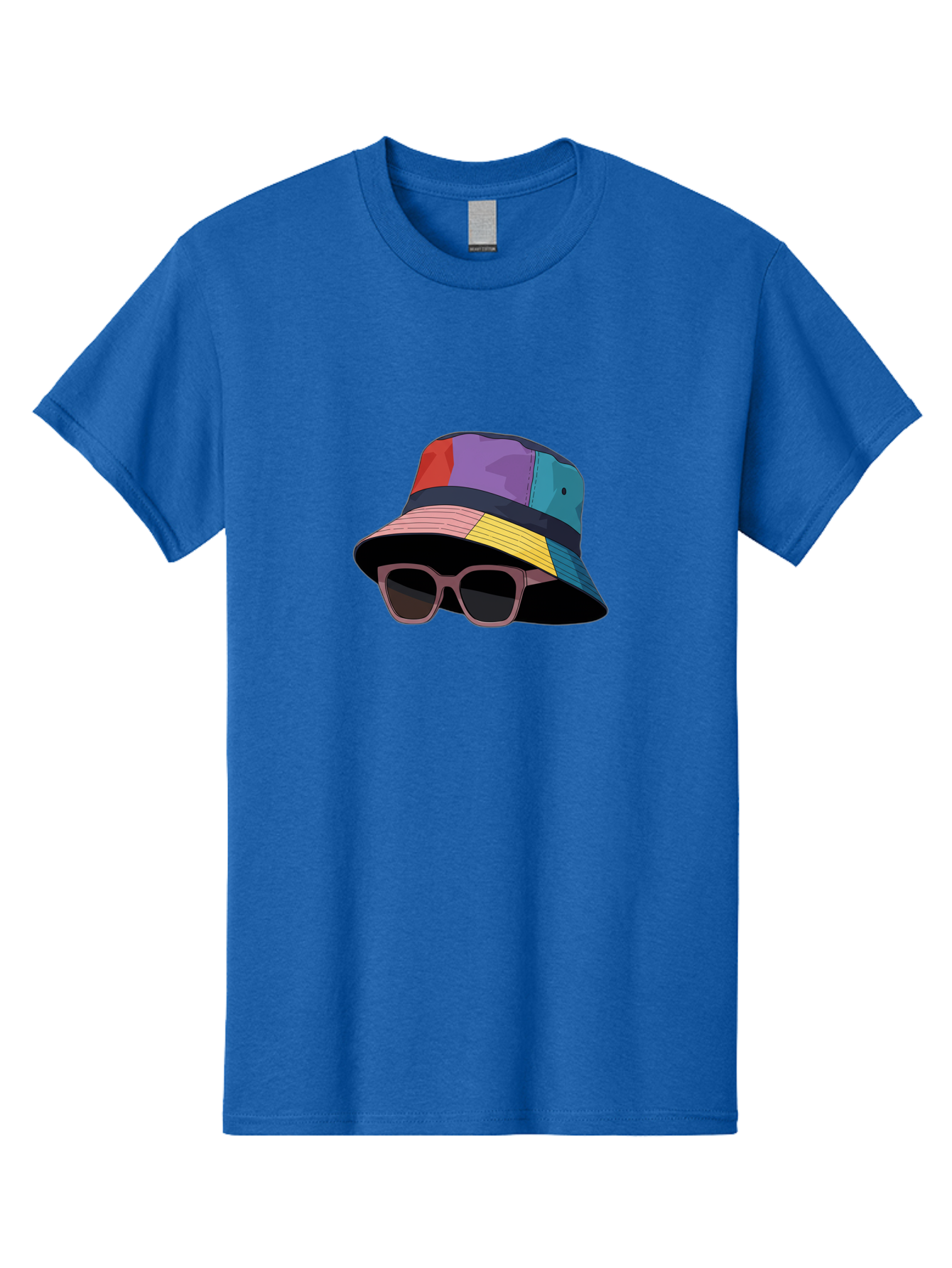 Multicolored-Bucket-Hat Men'S Graphic Tee, 100% Cotton, Comfortable Casual Summer Wear, Machine Washable, Patchwork Bucket Hat, Colorful Hat, Sunglasses Accessory, Fashion Statement, Streetwear Style, Vibrant Colors, Trendy Accessory, Bad344
