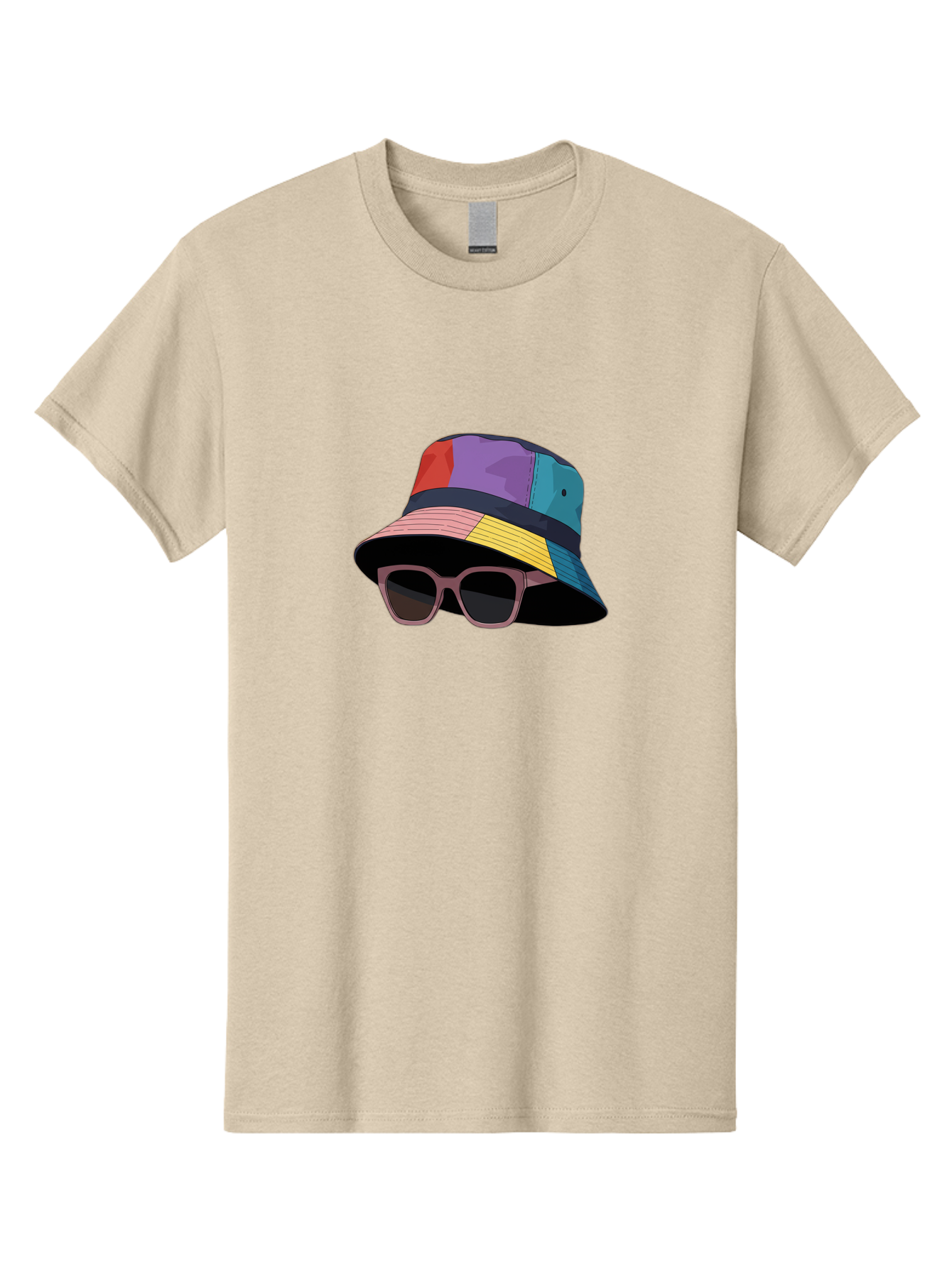 Multicolored-Bucket-Hat Men'S Graphic Tee, 100% Cotton, Comfortable Casual Summer Wear, Machine Washable, Patchwork Bucket Hat, Colorful Hat, Sunglasses Accessory, Fashion Statement, Streetwear Style, Vibrant Colors, Trendy Accessory, Bad344