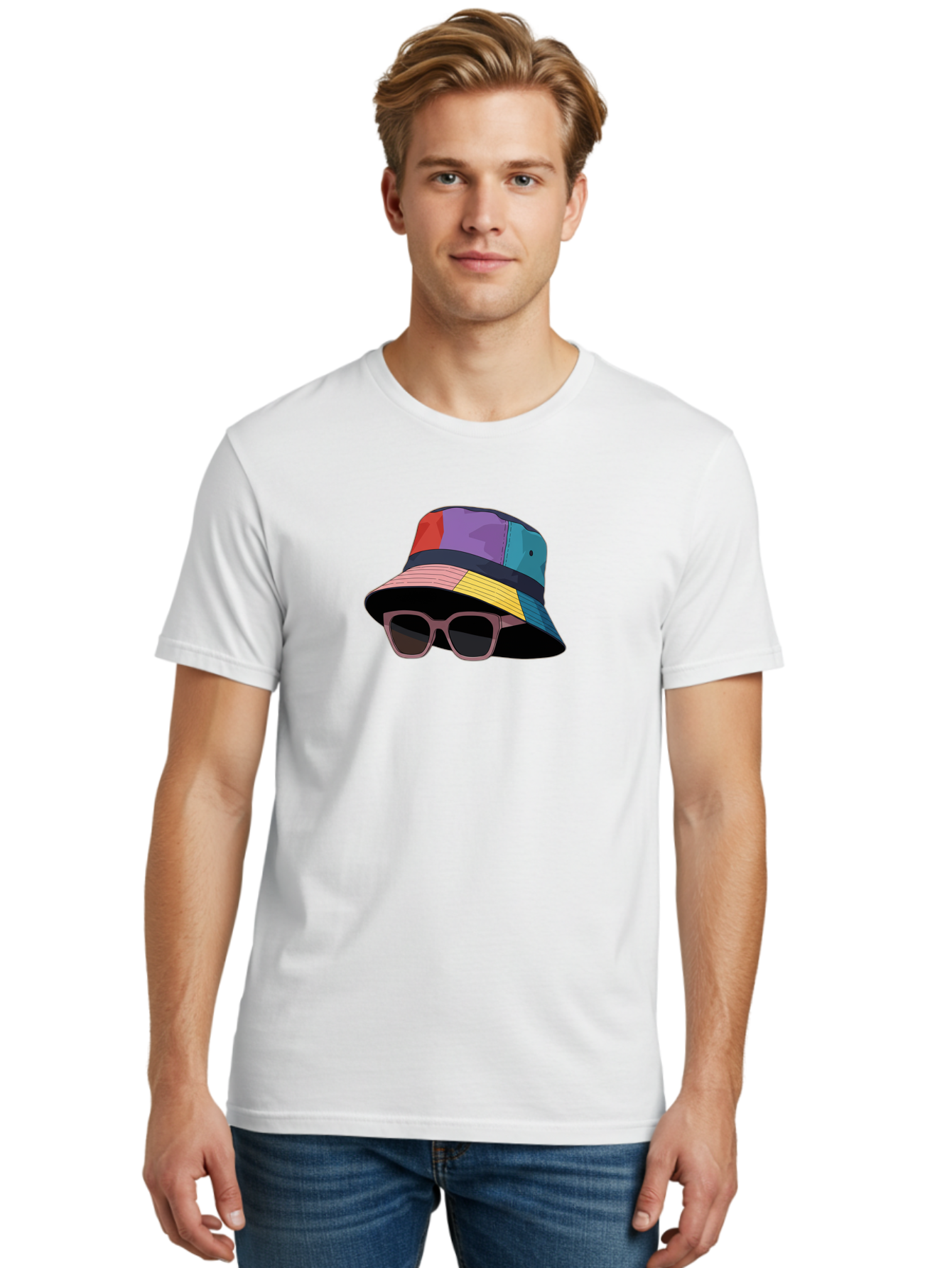 Multicolored-Bucket-Hat Men'S Graphic Tee, 100% Cotton, Comfortable Casual Summer Wear, Machine Washable, Patchwork Bucket Hat, Colorful Hat, Sunglasses Accessory, Fashion Statement, Streetwear Style, Vibrant Colors, Trendy Accessory, Bad344