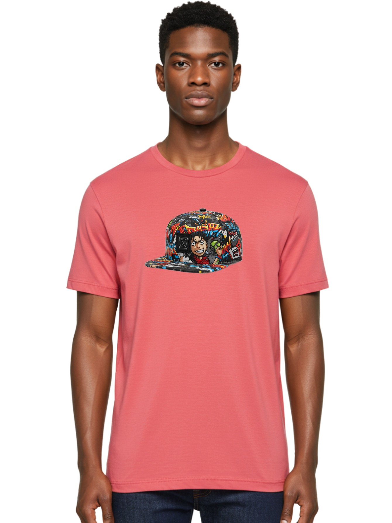 Muz7-Baseball-Cap Men'S Graphic Tee, 100% Cotton, Comfortable Casual Summer Wear, Machine Washable, Graffiti Cap, Streetwear Fashion, Colorful Hat, Urban Style, Cartoon Character, Spray Paint Can, Vibrant Colors, Edgy Design, Trendy Accessory, Bad350