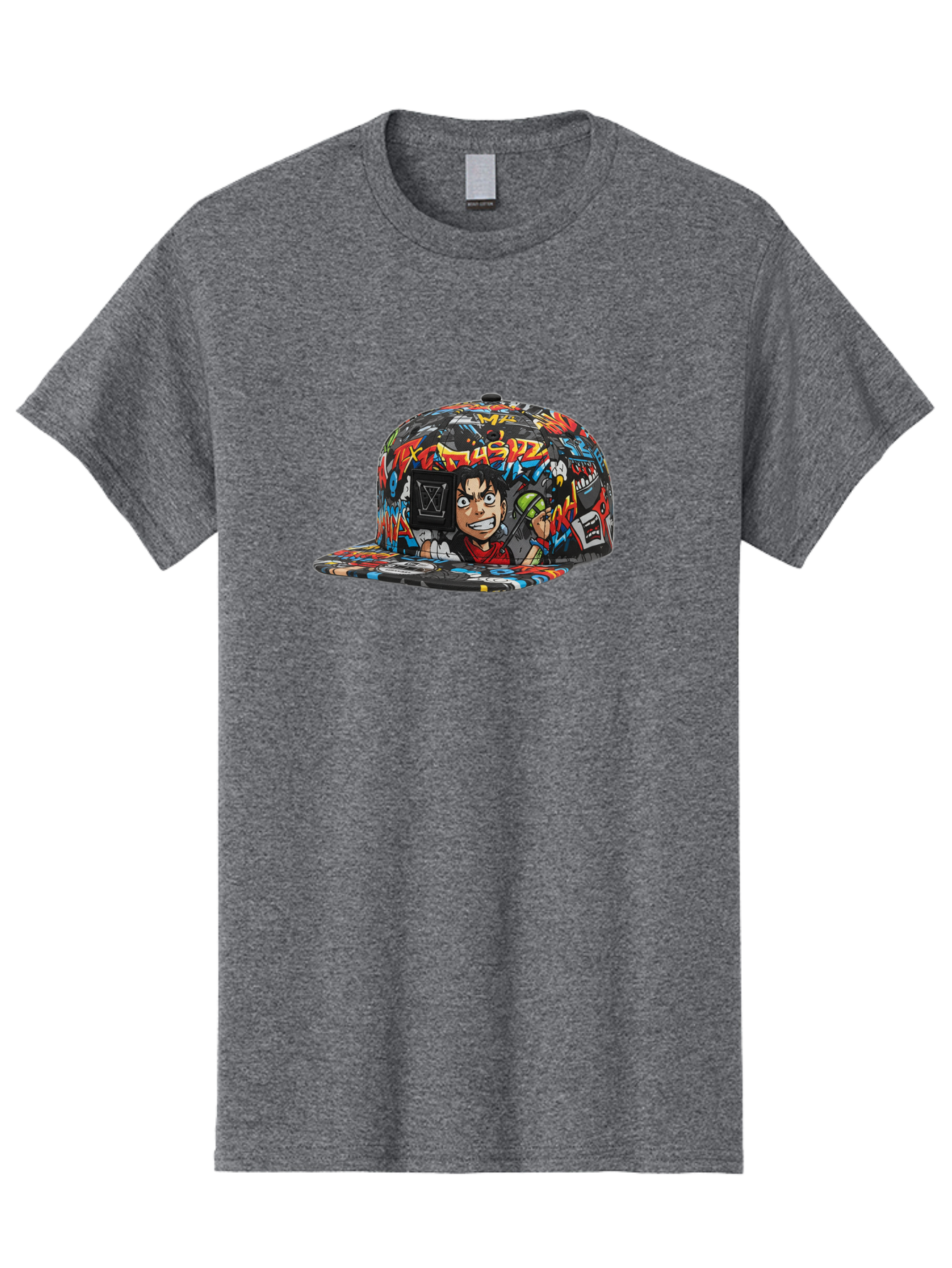 Muz7-Baseball-Cap Men'S Graphic Tee, 100% Cotton, Comfortable Casual Summer Wear, Machine Washable, Graffiti Cap, Streetwear Fashion, Colorful Hat, Urban Style, Cartoon Character, Spray Paint Can, Vibrant Colors, Edgy Design, Trendy Accessory, Bad350