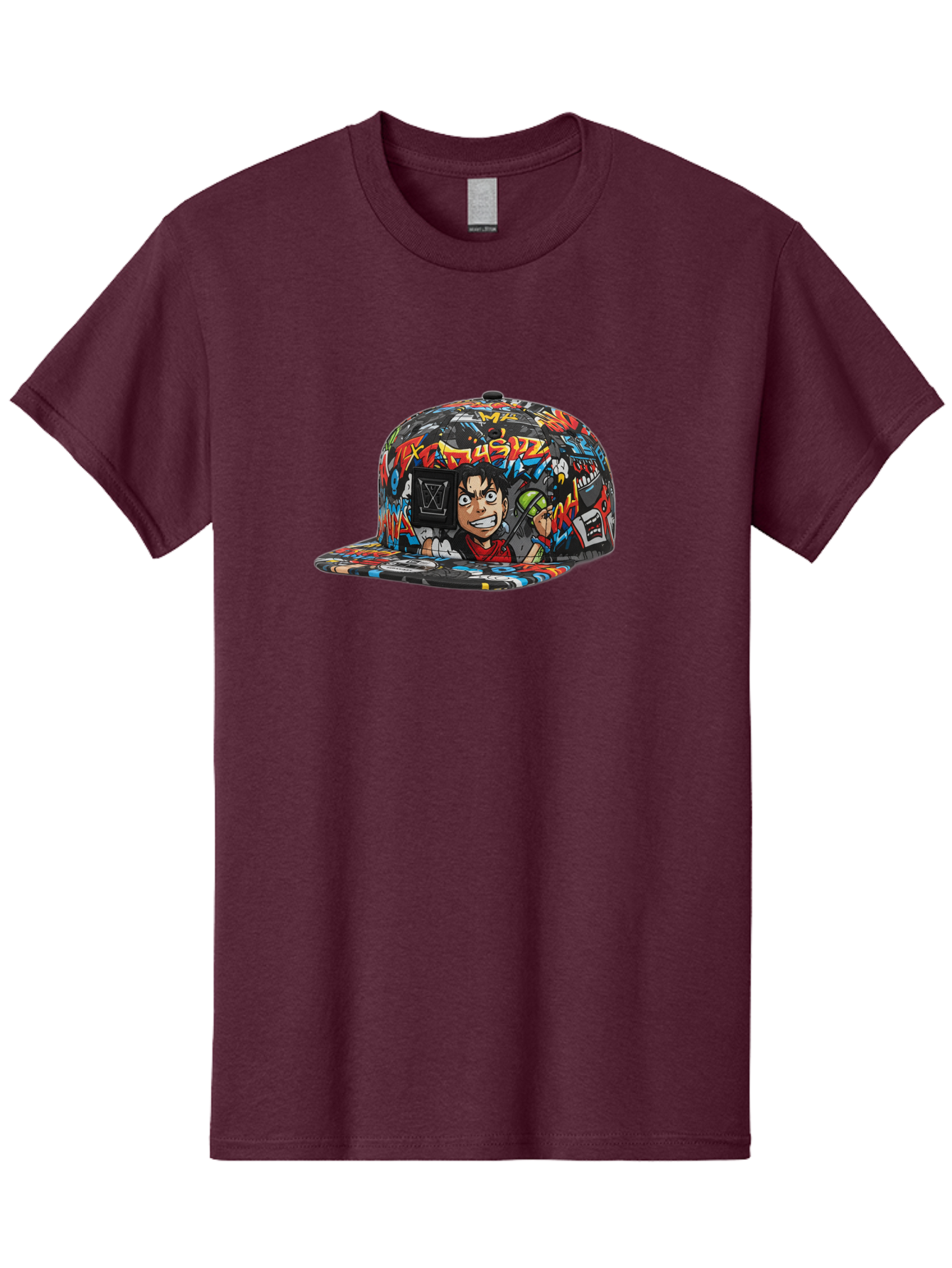 Muz7-Baseball-Cap Men'S Graphic Tee, 100% Cotton, Comfortable Casual Summer Wear, Machine Washable, Graffiti Cap, Streetwear Fashion, Colorful Hat, Urban Style, Cartoon Character, Spray Paint Can, Vibrant Colors, Edgy Design, Trendy Accessory, Bad350