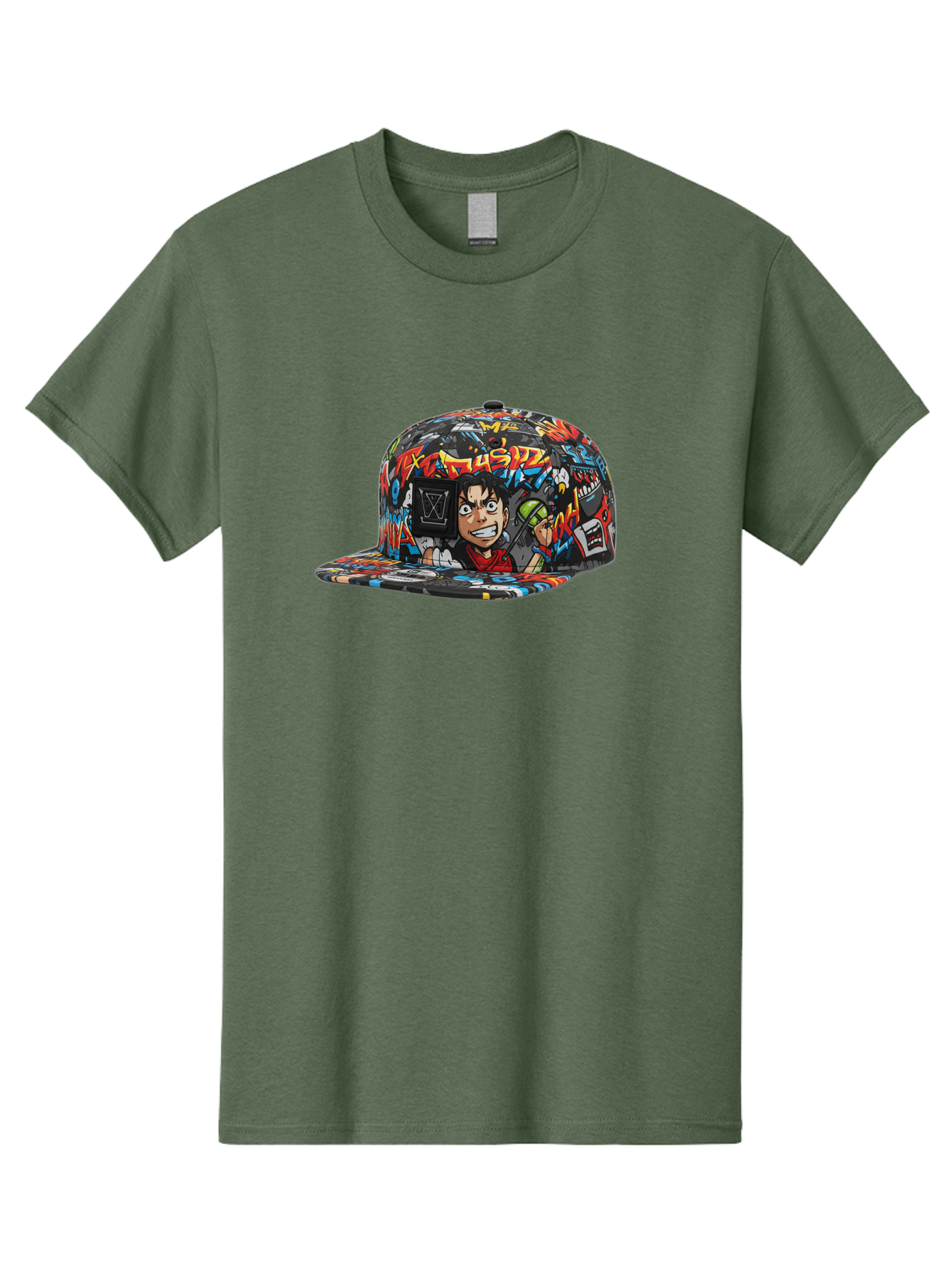 Muz7-Baseball-Cap Men'S Graphic Tee, 100% Cotton, Comfortable Casual Summer Wear, Machine Washable, Graffiti Cap, Streetwear Fashion, Colorful Hat, Urban Style, Cartoon Character, Spray Paint Can, Vibrant Colors, Edgy Design, Trendy Accessory, Bad350