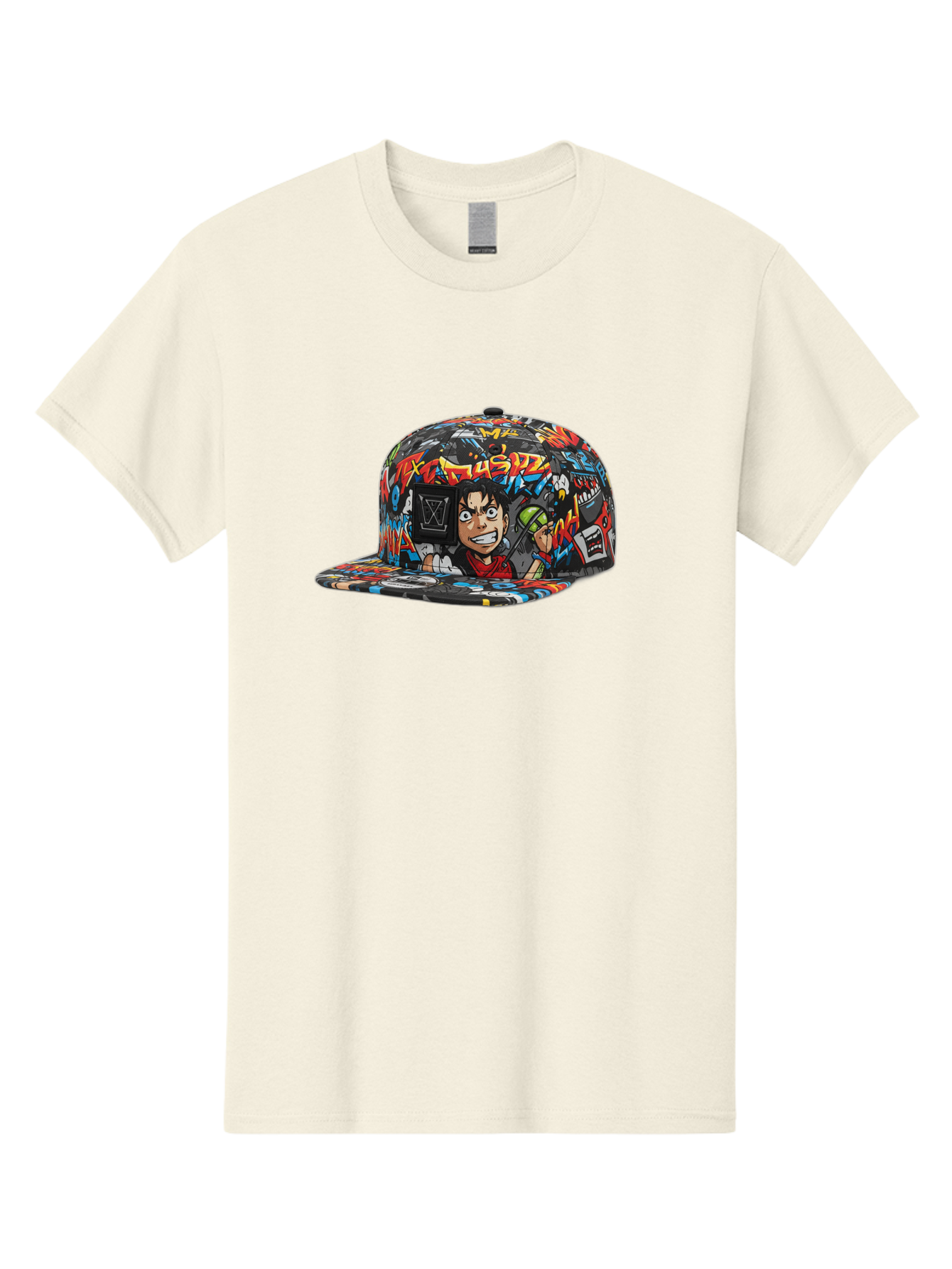 Muz7-Baseball-Cap Men'S Graphic Tee, 100% Cotton, Comfortable Casual Summer Wear, Machine Washable, Graffiti Cap, Streetwear Fashion, Colorful Hat, Urban Style, Cartoon Character, Spray Paint Can, Vibrant Colors, Edgy Design, Trendy Accessory, Bad350