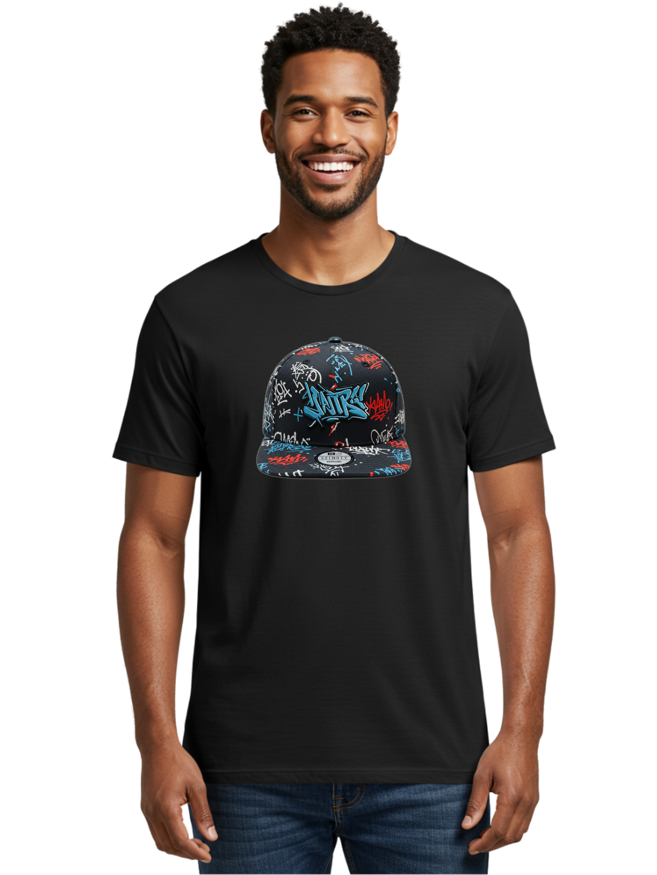 Natre-Baseball-Cap Men'S Graphic Tee, 100% Cotton, Comfortable Casual Summer Wear, Machine Washable, Graffiti Hat, Streetwear Fashion, Urban Style, Custom Hat, Baseball Cap, New Era 59Fifty, Natre Logo, Blue Red White Graffiti, Bad355