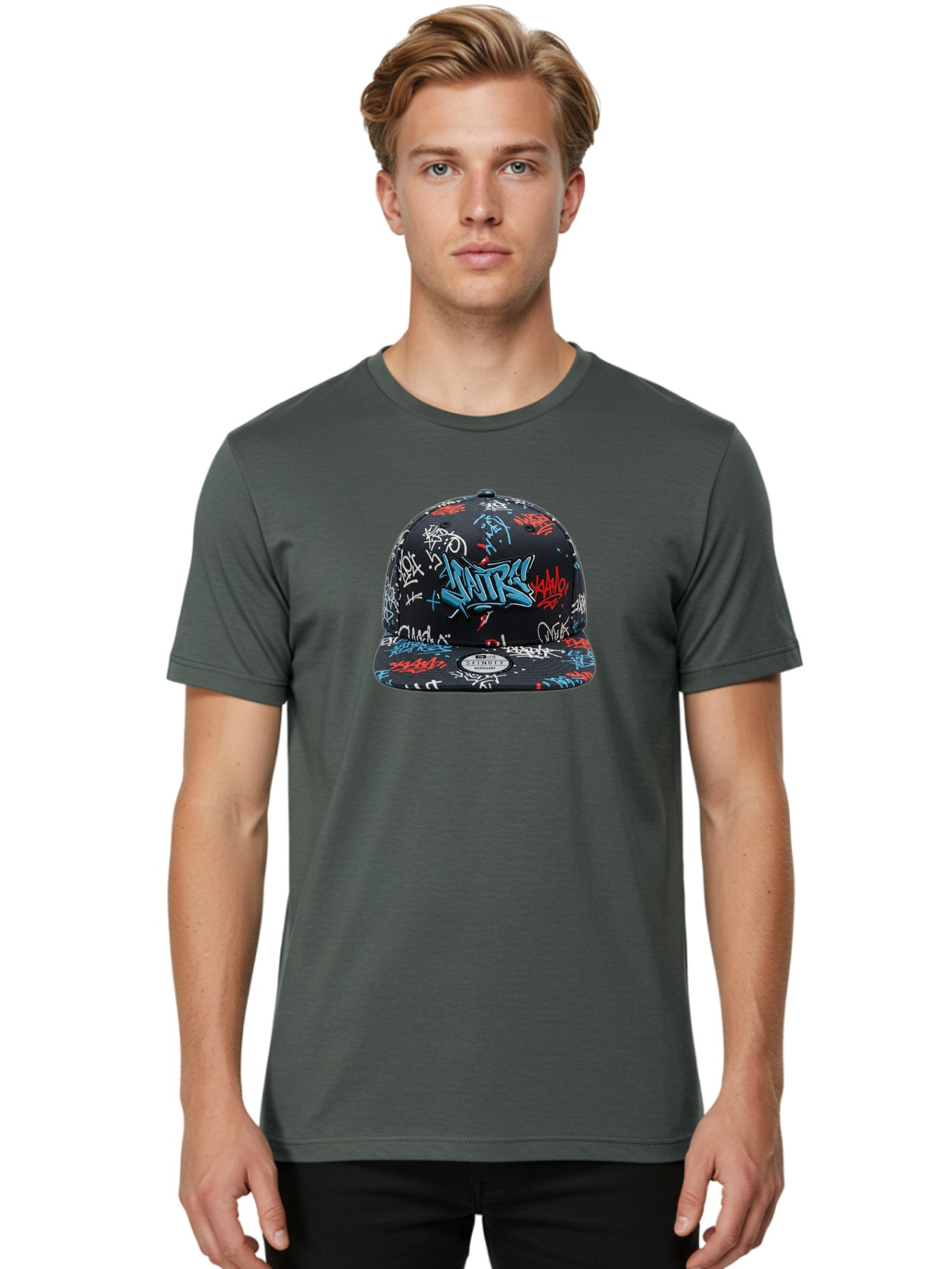 Natre-Baseball-Cap Men'S Graphic Tee, 100% Cotton, Comfortable Casual Summer Wear, Machine Washable, Graffiti Hat, Streetwear Fashion, Urban Style, Custom Hat, Baseball Cap, New Era 59Fifty, Natre Logo, Blue Red White Graffiti, Bad355