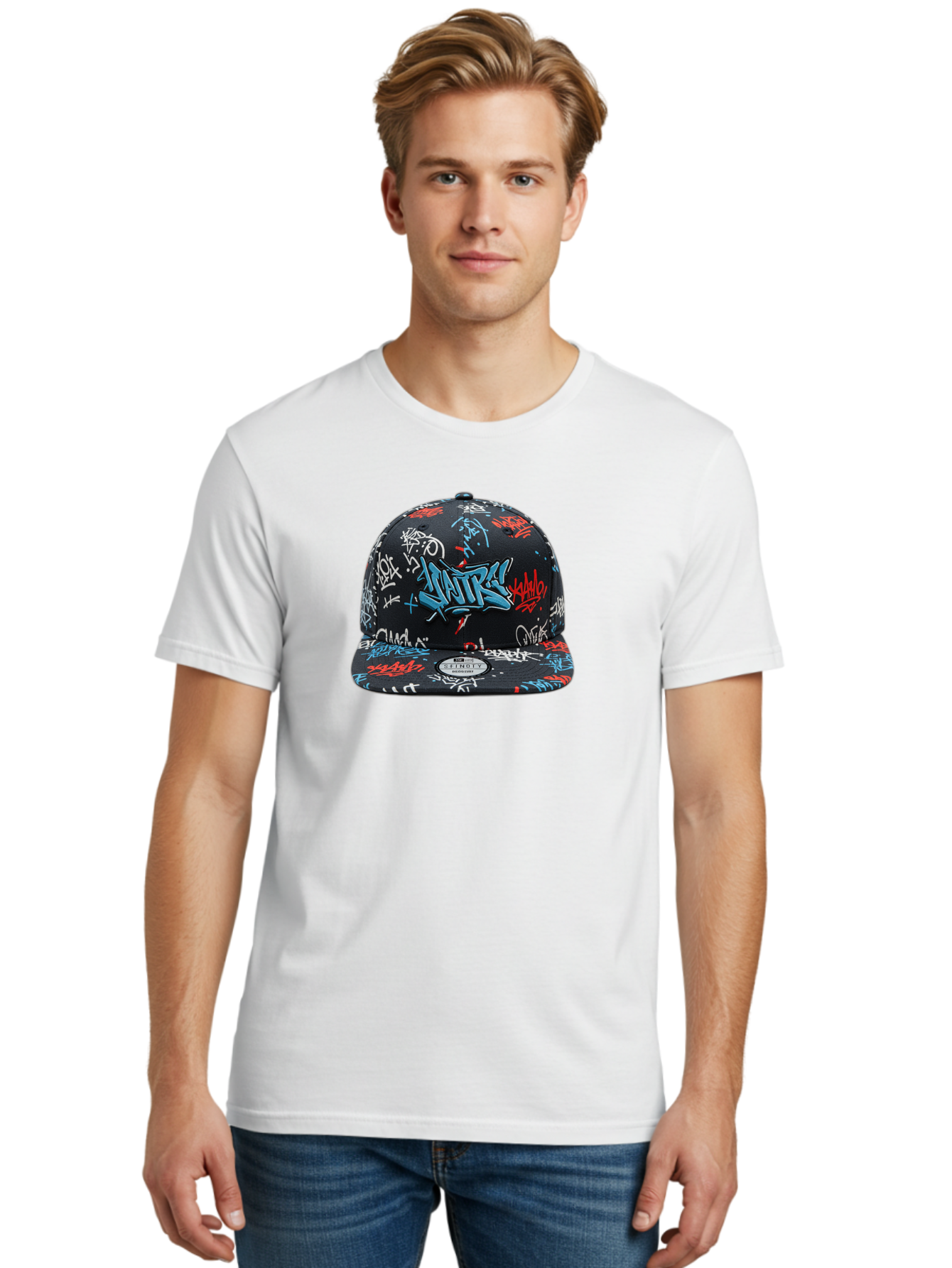 Natre-Baseball-Cap Men'S Graphic Tee, 100% Cotton, Comfortable Casual Summer Wear, Machine Washable, Graffiti Hat, Streetwear Fashion, Urban Style, Custom Hat, Baseball Cap, New Era 59Fifty, Natre Logo, Blue Red White Graffiti, Bad355