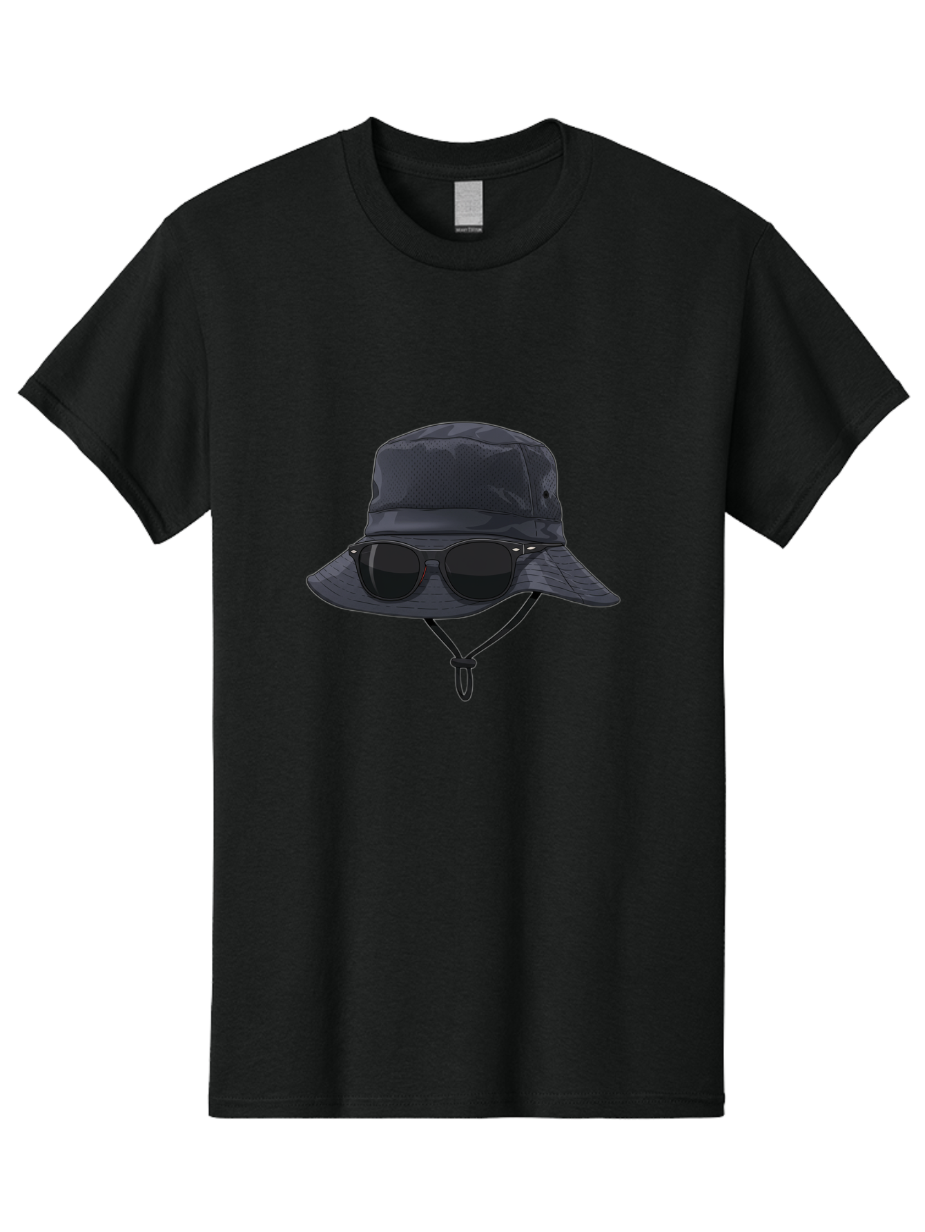 Navy-Blue-Hat-With-Sunglasses Men'S Graphic Tee, 100% Cotton, Comfortable Casual Summer Wear, Machine Washable, Bucket Hat, Black Sunglasses, Outdoor Fashion, Sun Protection, Stylish Accessories, Trendy Apparel, Travel Gear, Outdoor Enthusiast Bad357