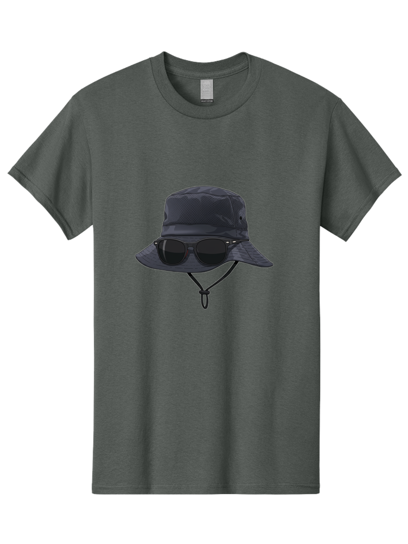 Navy-Blue-Hat-With-Sunglasses Men'S Graphic Tee, 100% Cotton, Comfortable Casual Summer Wear, Machine Washable, Bucket Hat, Black Sunglasses, Outdoor Fashion, Sun Protection, Stylish Accessories, Trendy Apparel, Travel Gear, Outdoor Enthusiast Bad357