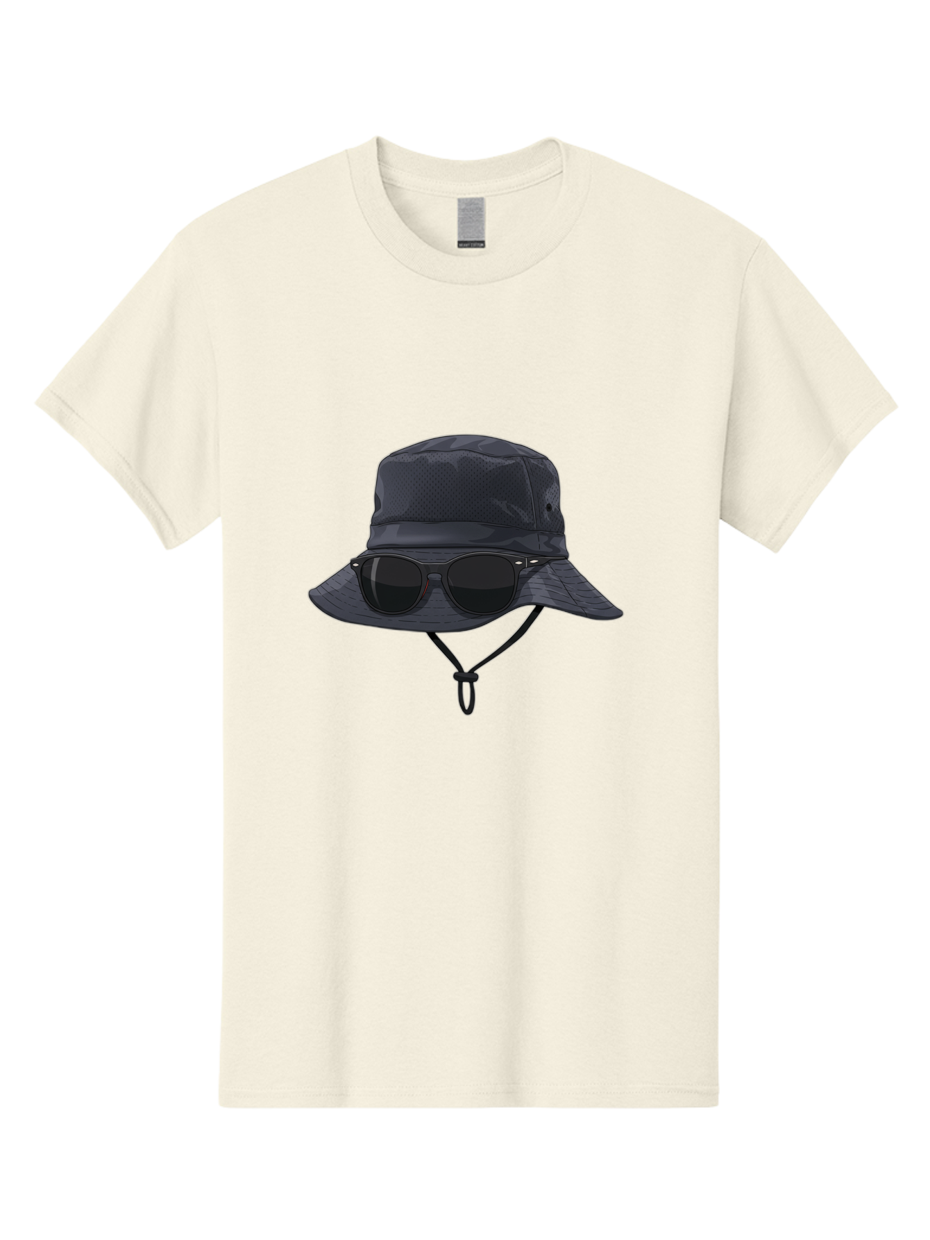 Navy-Blue-Hat-With-Sunglasses Men'S Graphic Tee, 100% Cotton, Comfortable Casual Summer Wear, Machine Washable, Bucket Hat, Black Sunglasses, Outdoor Fashion, Sun Protection, Stylish Accessories, Trendy Apparel, Travel Gear, Outdoor Enthusiast Bad357