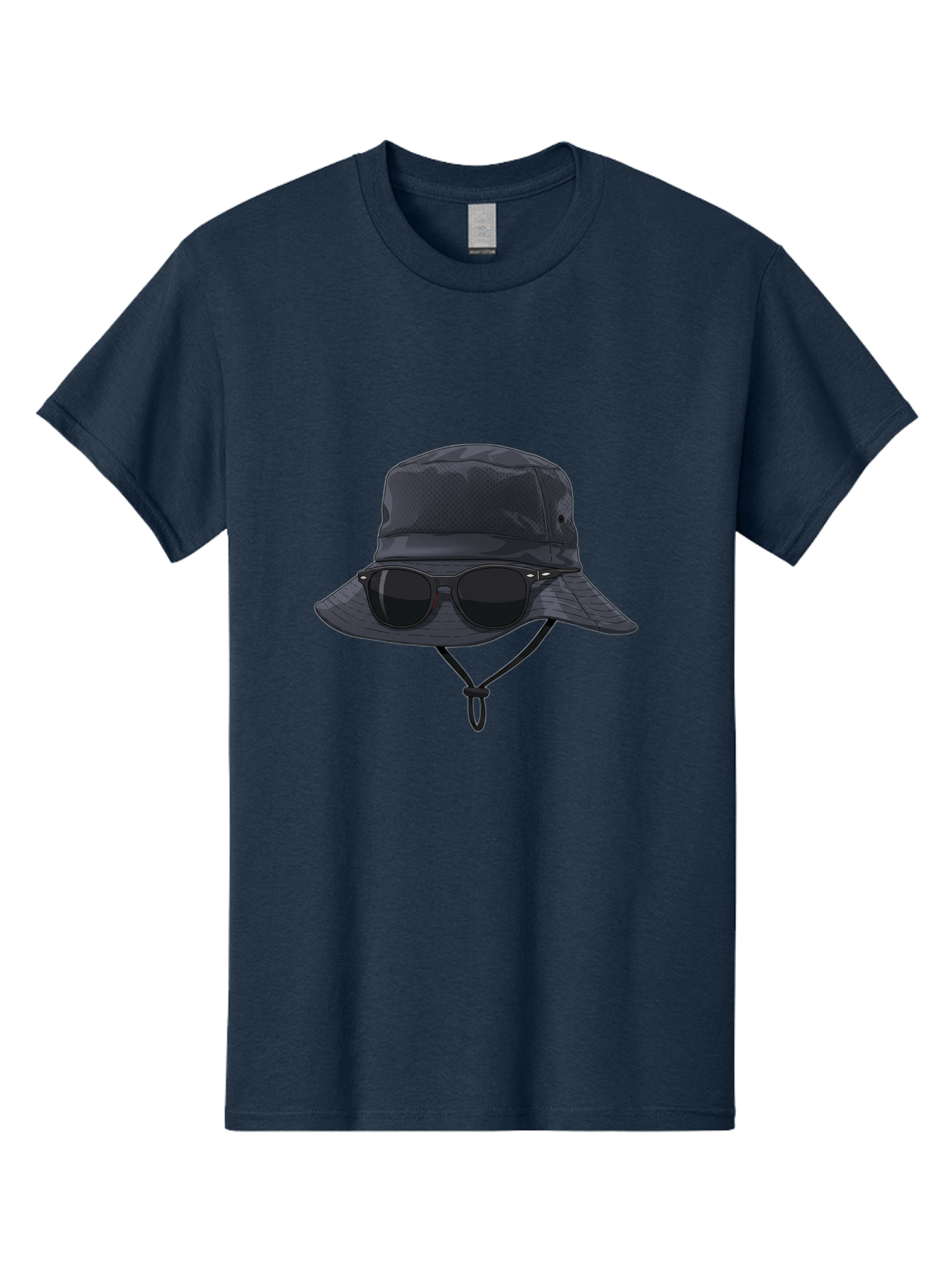 Navy-Blue-Hat-With-Sunglasses Men'S Graphic Tee, 100% Cotton, Comfortable Casual Summer Wear, Machine Washable, Bucket Hat, Black Sunglasses, Outdoor Fashion, Sun Protection, Stylish Accessories, Trendy Apparel, Travel Gear, Outdoor Enthusiast Bad357