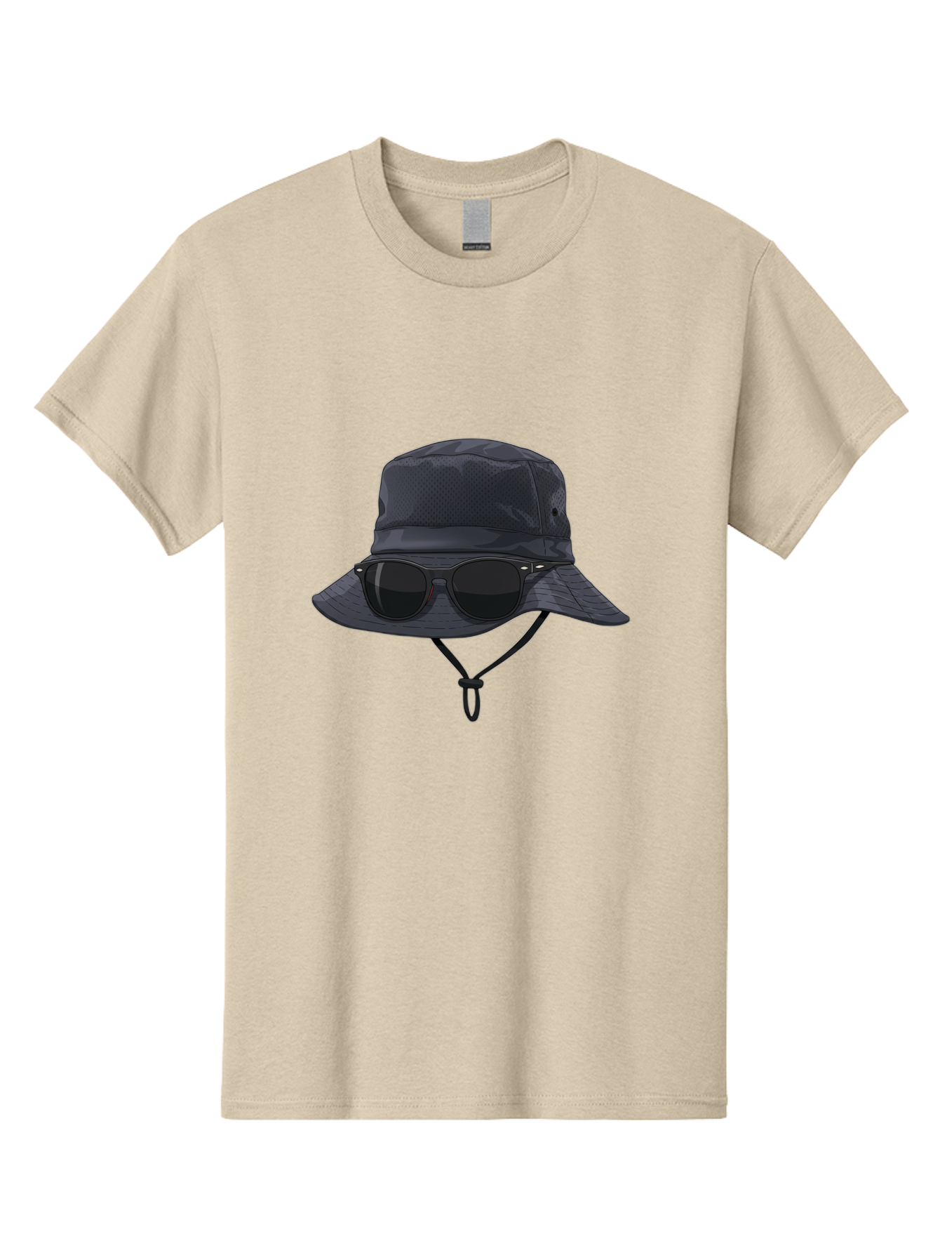Navy-Blue-Hat-With-Sunglasses Men'S Graphic Tee, 100% Cotton, Comfortable Casual Summer Wear, Machine Washable, Bucket Hat, Black Sunglasses, Outdoor Fashion, Sun Protection, Stylish Accessories, Trendy Apparel, Travel Gear, Outdoor Enthusiast Bad357