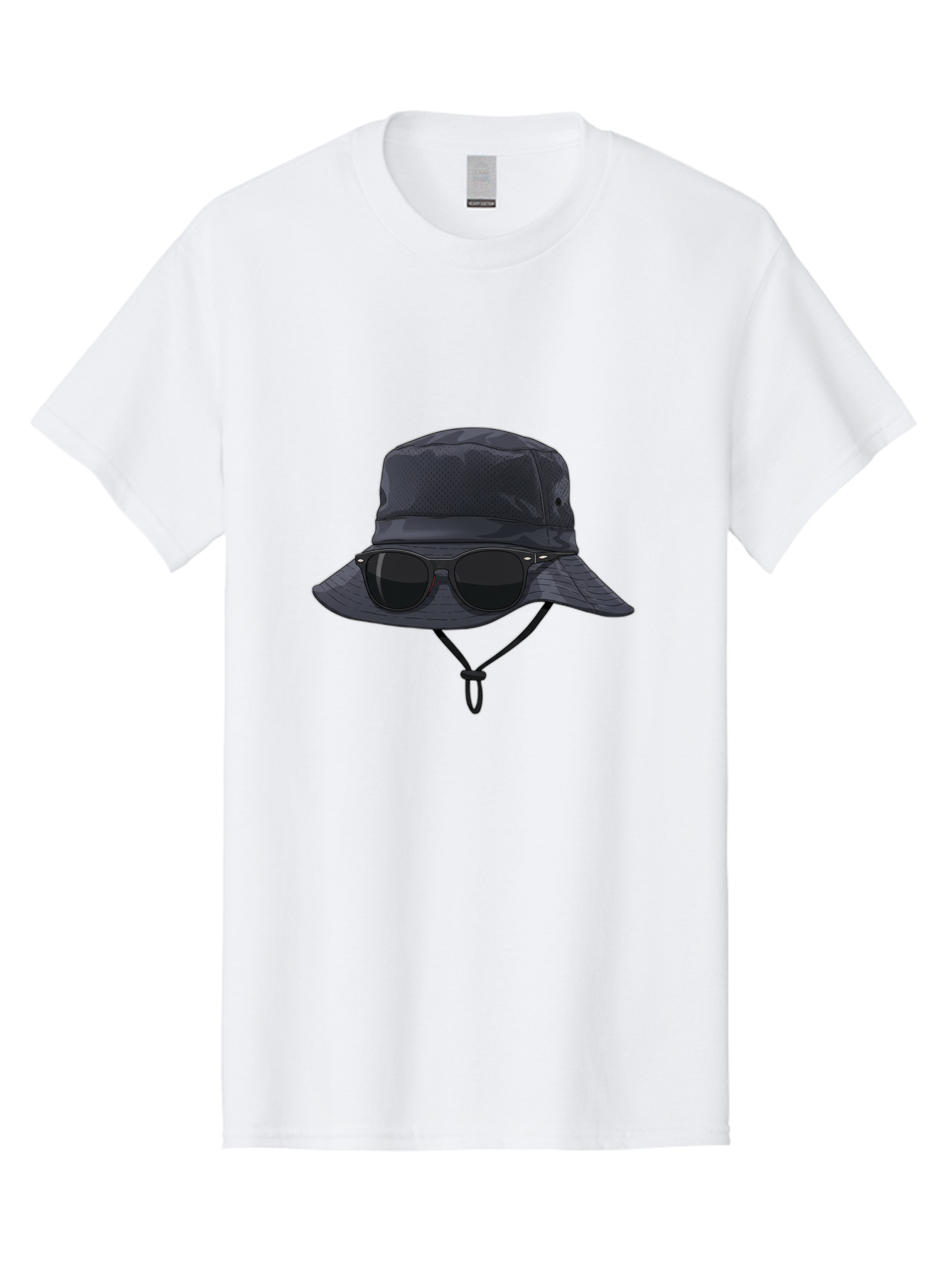 Navy-Blue-Hat-With-Sunglasses Men'S Graphic Tee, 100% Cotton, Comfortable Casual Summer Wear, Machine Washable, Bucket Hat, Black Sunglasses, Outdoor Fashion, Sun Protection, Stylish Accessories, Trendy Apparel, Travel Gear, Outdoor Enthusiast Bad357