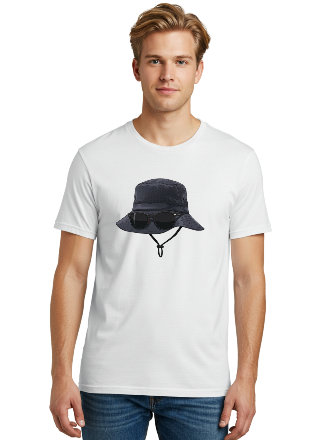 Navy-Blue-Hat-With-Sunglasses Men'S Graphic Tee, 100% Cotton, Comfortable Casual Summer Wear, Machine Washable, Bucket Hat, Black Sunglasses, Outdoor Fashion, Sun Protection, Stylish Accessories, Trendy Apparel, Travel Gear, Outdoor Enthusiast Bad357