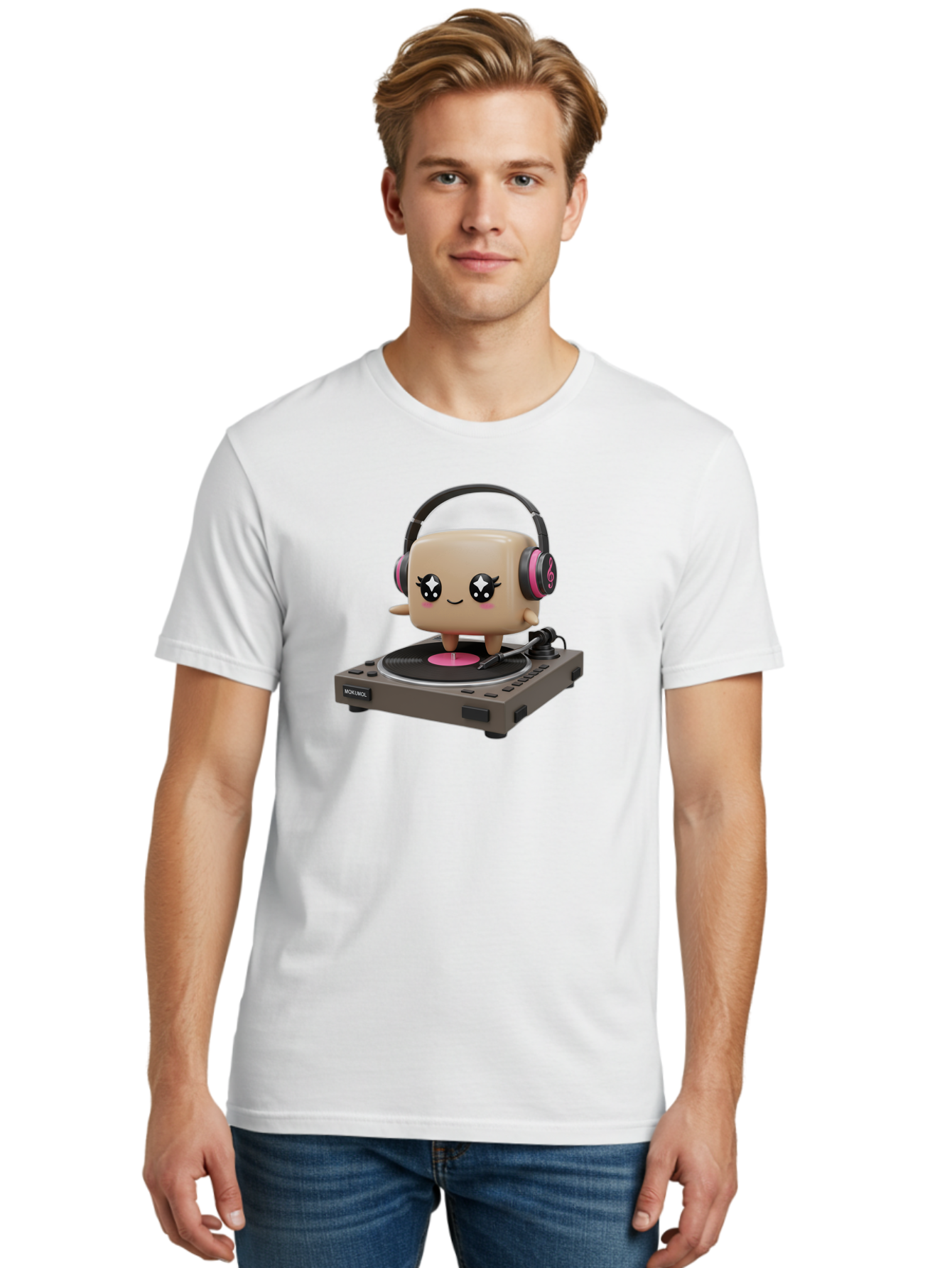 Nendoroid-Dj Men'S Graphic Tee, 100% Cotton, Comfortable Casual Summer Wear, Machine Washable, Vinyl Record Player, Kawaii Character, Robot Dj, Morikoki Brand, Cute Illustration, Pop Culture, Music Lover, Dj Equipment, Retro Style, Fun Design Bad359