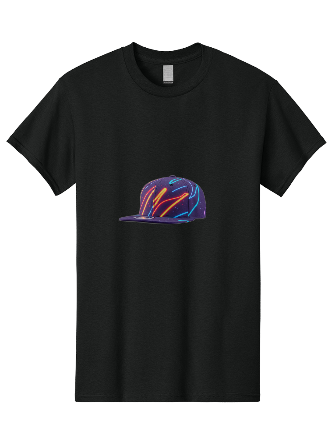 Neon-Baseball-Cap Men'S Graphic Tee, 100% Cotton, Comfortable Casual Summer Wear, Machine Washable, Baseball Cap, Neon Lights, Swirling Patterns, Vibrant Colors, Streetwear Fashion, Trendy Accessories, Glow-In-The-Dark, Neon Designs, Bad360