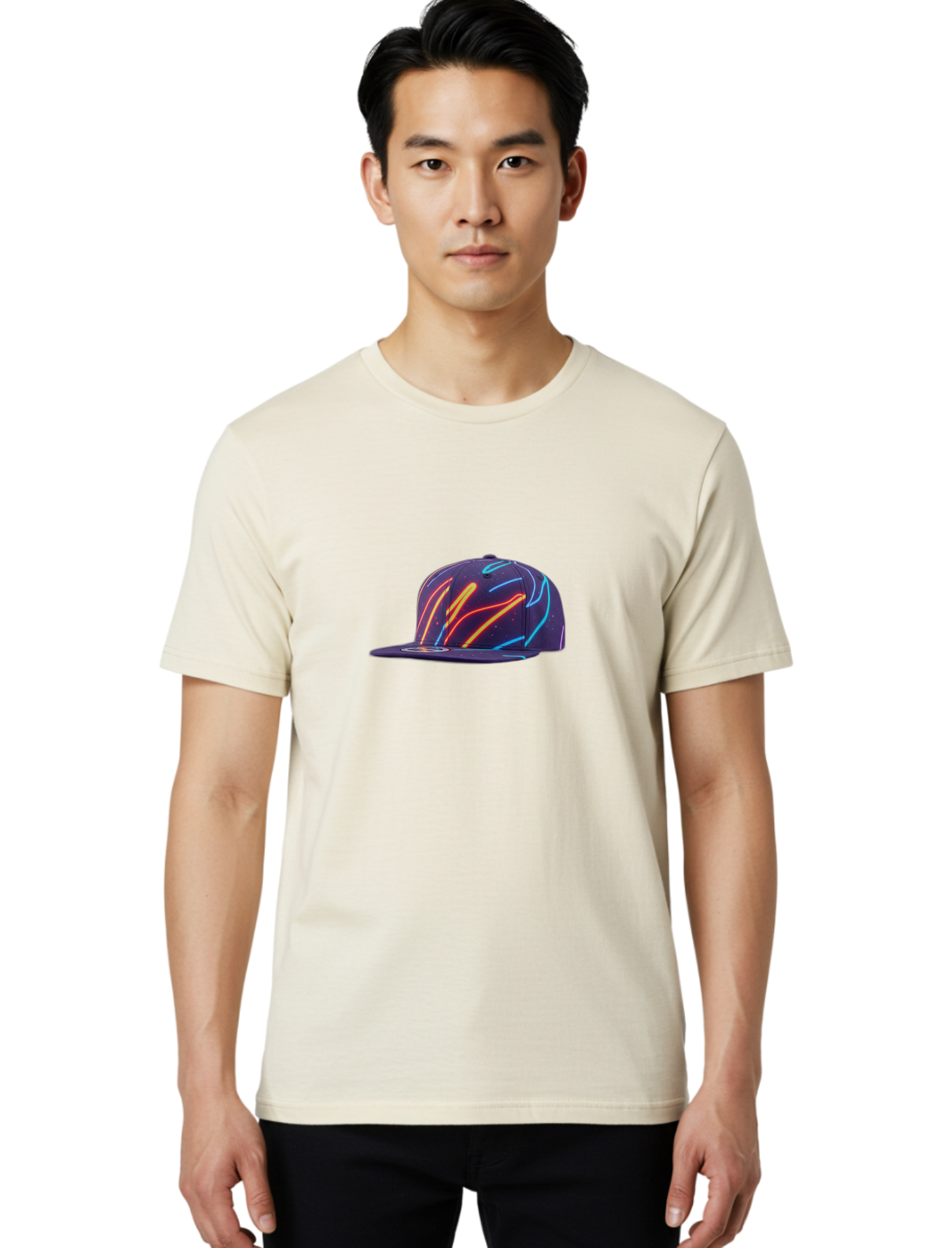 Neon-Baseball-Cap Men'S Graphic Tee, 100% Cotton, Comfortable Casual Summer Wear, Machine Washable, Baseball Cap, Neon Lights, Swirling Patterns, Vibrant Colors, Streetwear Fashion, Trendy Accessories, Glow-In-The-Dark, Neon Designs, Bad360