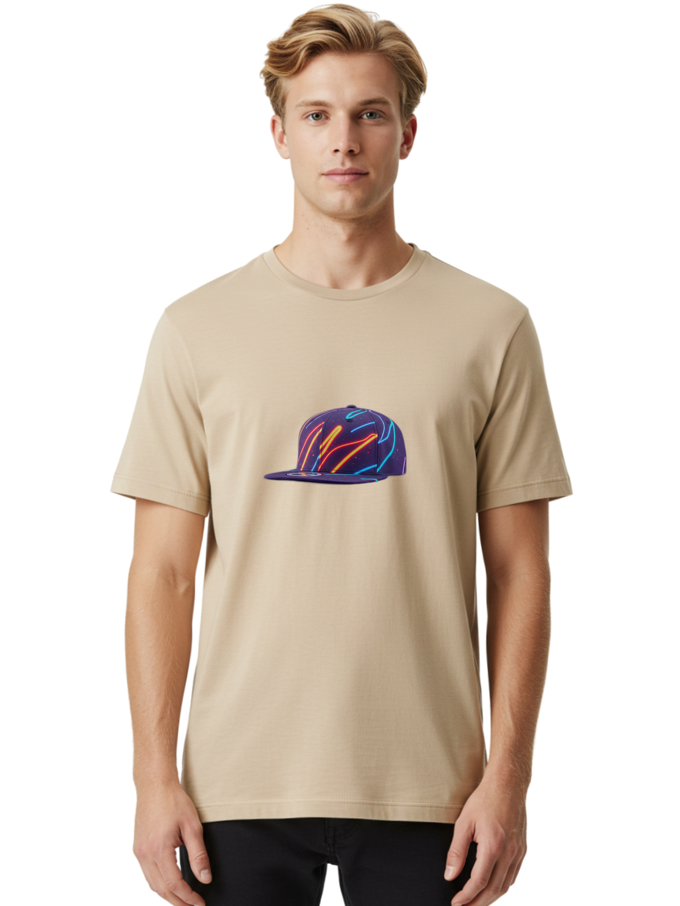 Neon-Baseball-Cap Men'S Graphic Tee, 100% Cotton, Comfortable Casual Summer Wear, Machine Washable, Baseball Cap, Neon Lights, Swirling Patterns, Vibrant Colors, Streetwear Fashion, Trendy Accessories, Glow-In-The-Dark, Neon Designs, Bad360