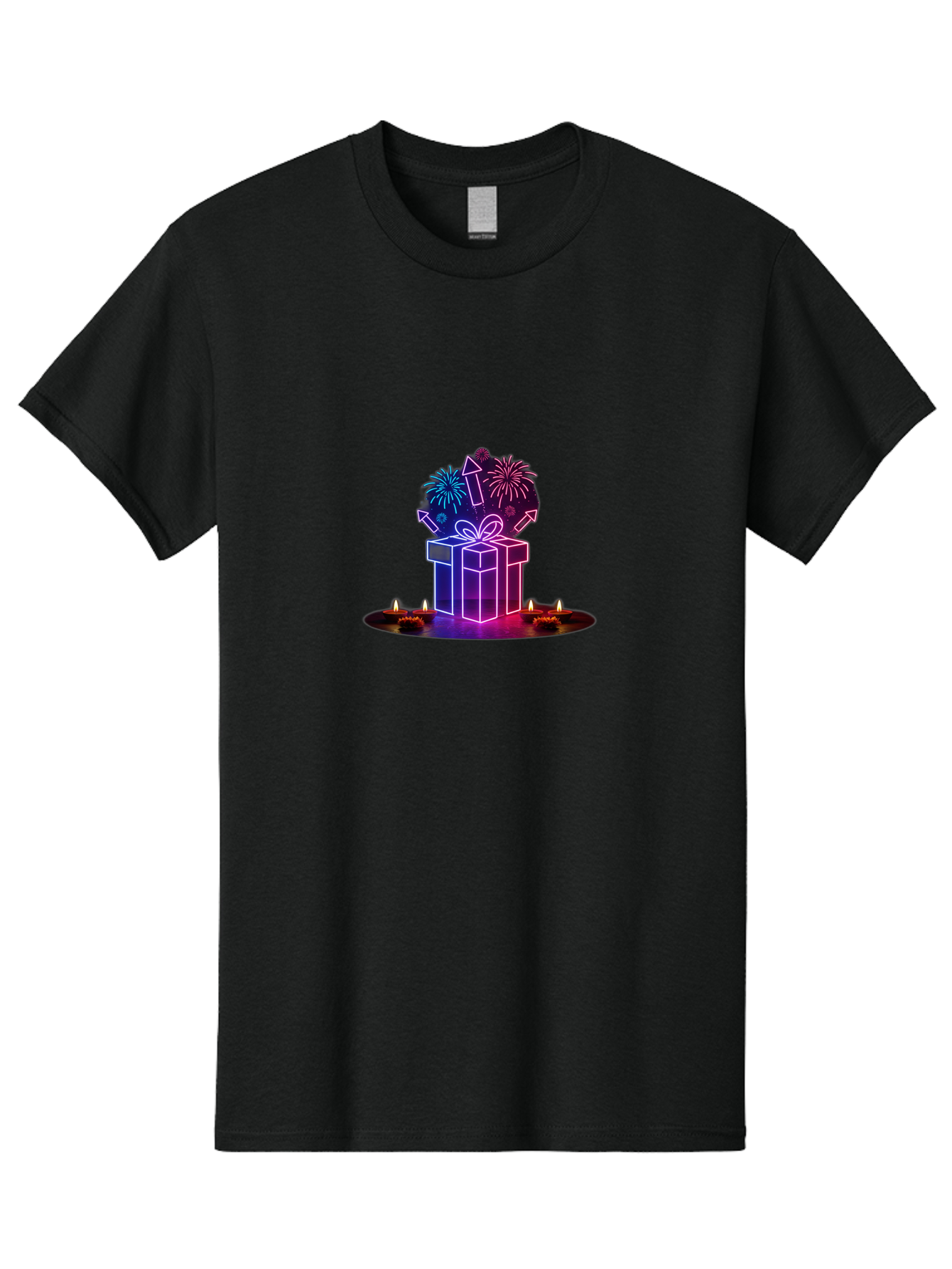Neon-Gift-Box Men'S Graphic Tee, 100% Cotton, Comfortable Casual Summer Wear, Machine Washable, Neon Gift Box, Fireworks Explosion, Celebratory Theme, Purple And Pink Hues, Glowing Candles, Festive Atmosphere, Party Decoration, Bad361