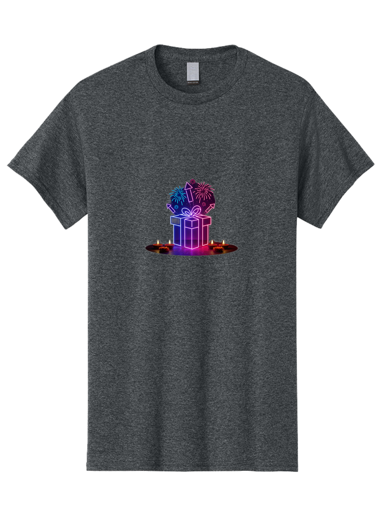 Neon-Gift-Box Men'S Graphic Tee, 100% Cotton, Comfortable Casual Summer Wear, Machine Washable, Neon Gift Box, Fireworks Explosion, Celebratory Theme, Purple And Pink Hues, Glowing Candles, Festive Atmosphere, Party Decoration, Bad361