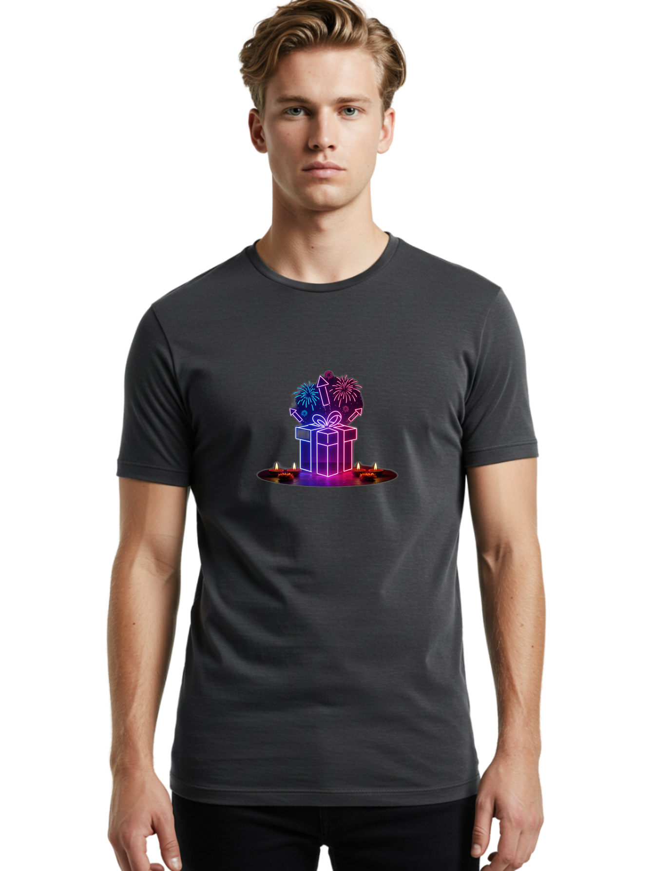 Neon-Gift-Box Men'S Graphic Tee, 100% Cotton, Comfortable Casual Summer Wear, Machine Washable, Neon Gift Box, Fireworks Explosion, Celebratory Theme, Purple And Pink Hues, Glowing Candles, Festive Atmosphere, Party Decoration, Bad361