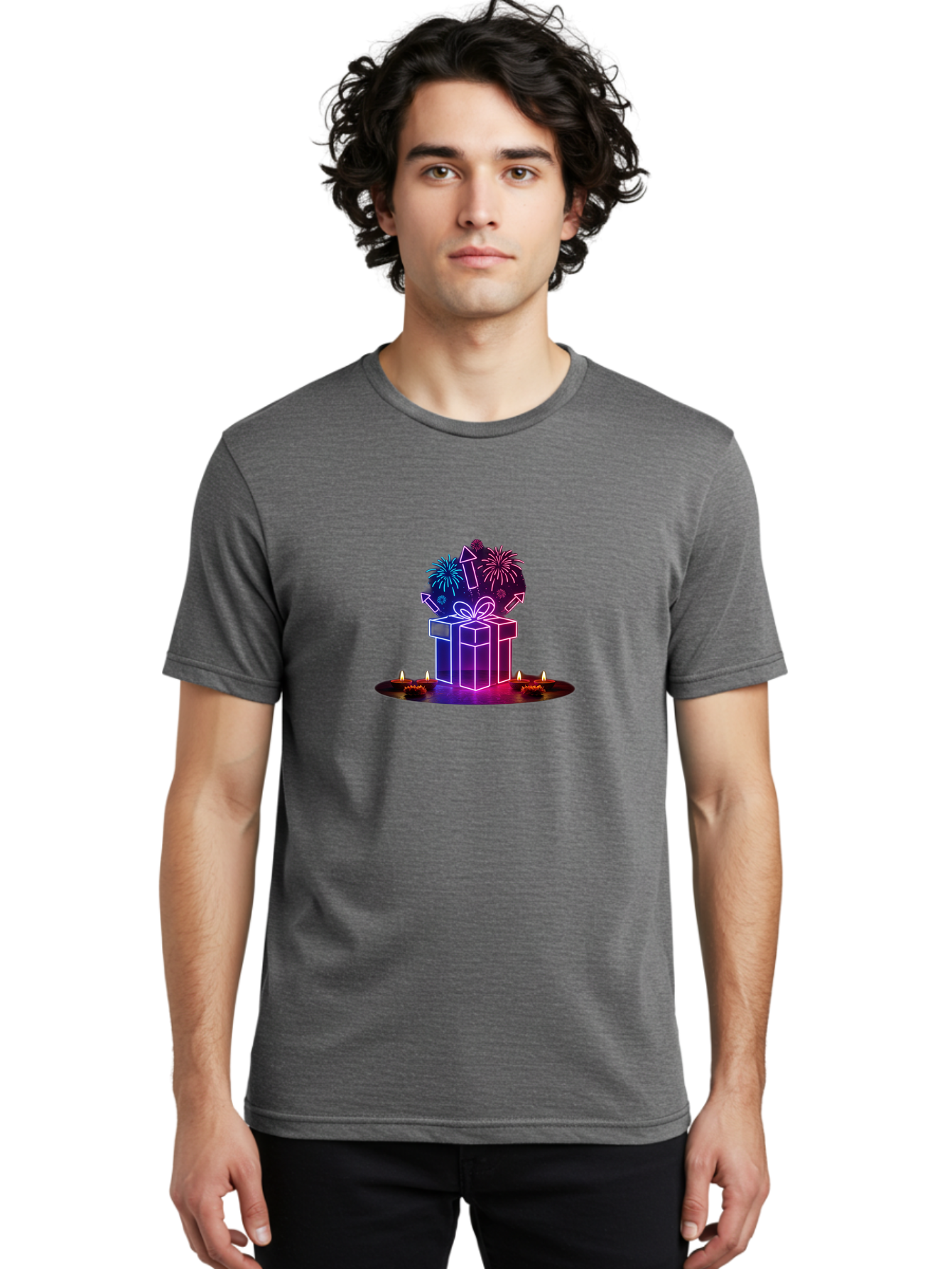 Neon-Gift-Box Men'S Graphic Tee, 100% Cotton, Comfortable Casual Summer Wear, Machine Washable, Neon Gift Box, Fireworks Explosion, Celebratory Theme, Purple And Pink Hues, Glowing Candles, Festive Atmosphere, Party Decoration, Bad361