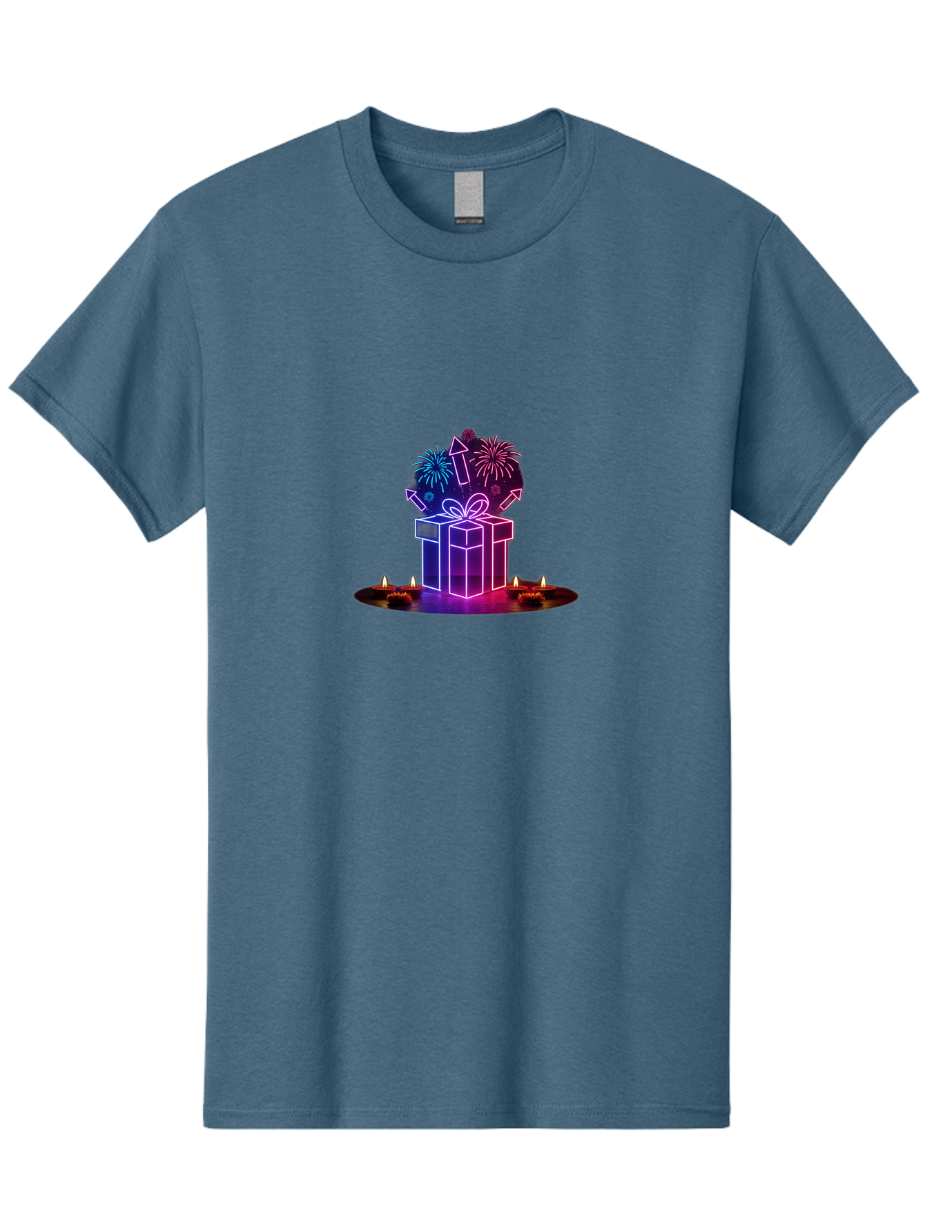 Neon-Gift-Box Men'S Graphic Tee, 100% Cotton, Comfortable Casual Summer Wear, Machine Washable, Neon Gift Box, Fireworks Explosion, Celebratory Theme, Purple And Pink Hues, Glowing Candles, Festive Atmosphere, Party Decoration, Bad361
